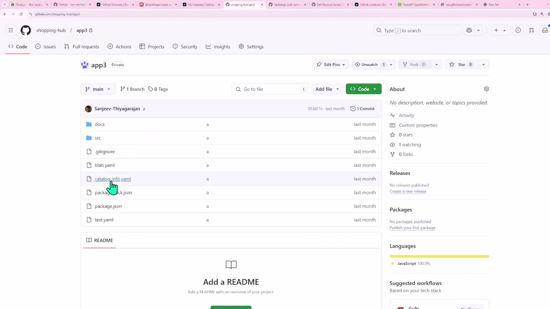 A screenshot of a GitHub repository page for "shopping-hub/app3" showing the main branch file list (folders like docs and src and files such as catalog-info.yaml) with a pointer clicking the catalog-info.yaml entry. The right sidebar shows repository metadata and an "Add a README" prompt below.