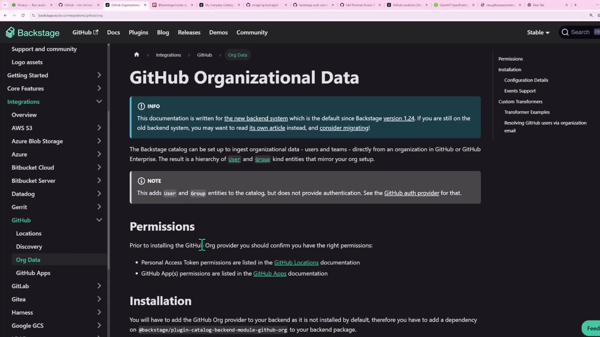 A screenshot of the Backstage documentation page titled "GitHub Organizational Data," showing a dark-themed layout with a left navigation menu for integrations and main content about permissions, installation, and notes. The page includes info/notice boxes and links related to GitHub org data setup.