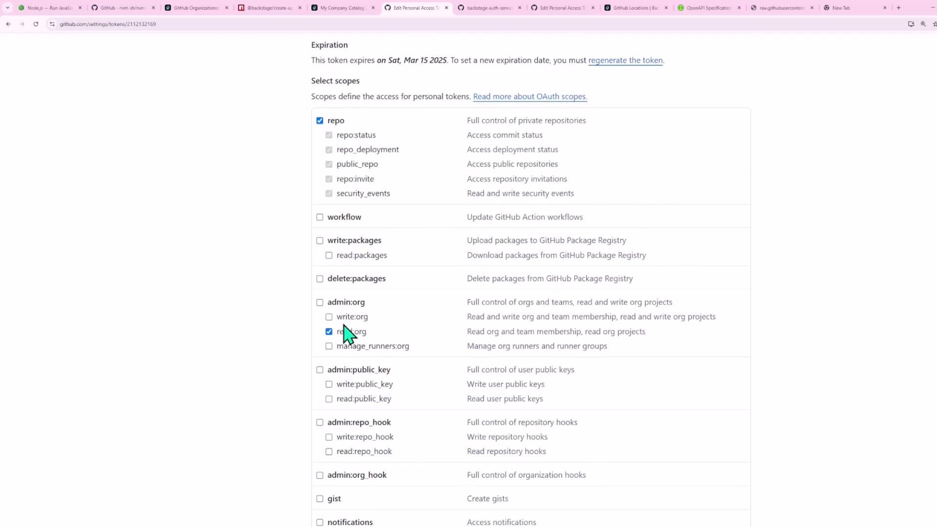 A screenshot of the GitHub personal access token settings page showing selectable OAuth scopes with checkboxes (the "repo" and "read:org" scopes are checked). The page also displays an expiration date for the token: Sat, Mar 15 2025.