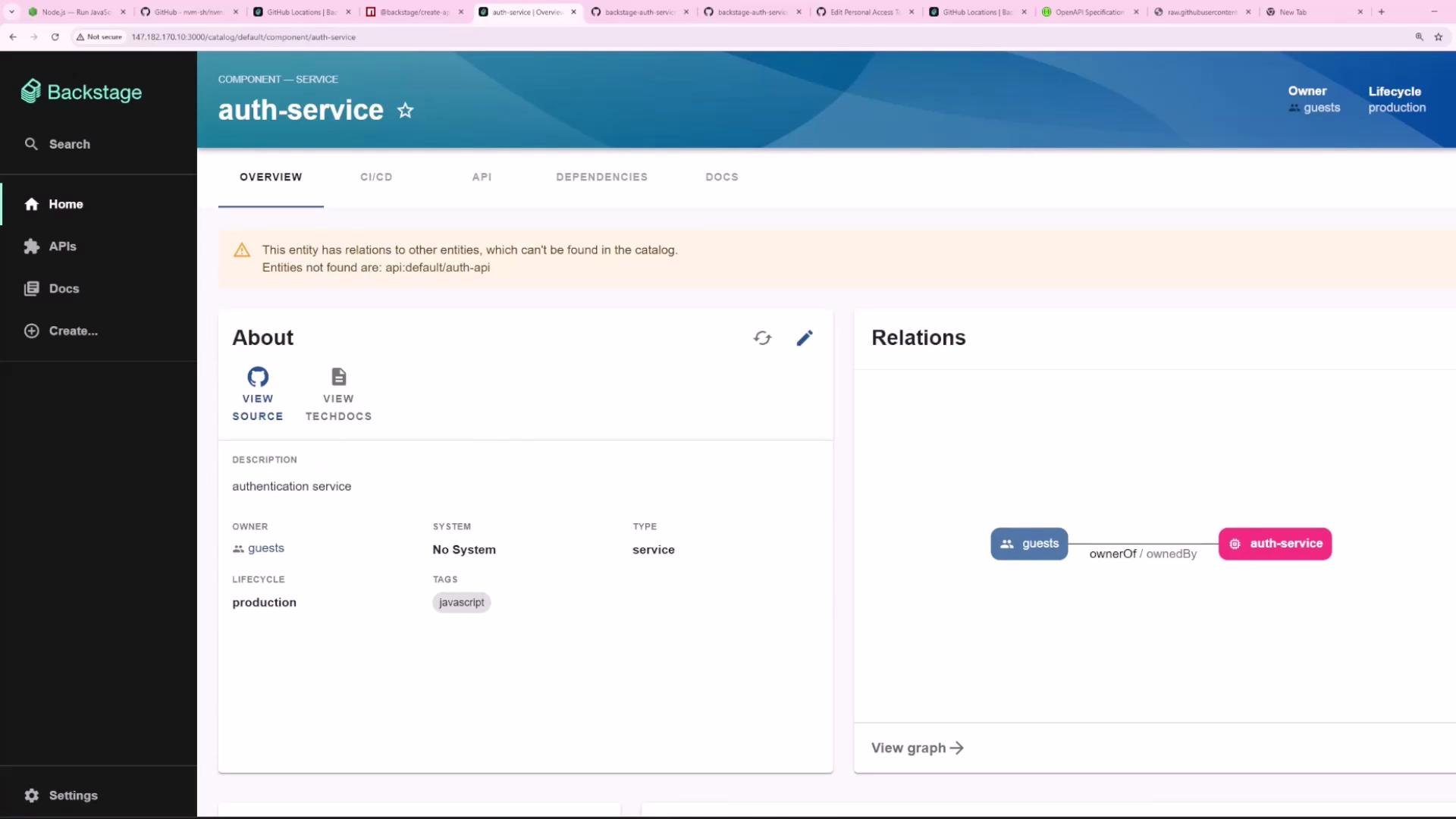 A screenshot of the Backstage web UI showing the "auth-service" component overview page with an About panel, Relations graph, and a warning about related entities not found. The left sidebar shows navigation items like Home, APIs, Docs, and Create.