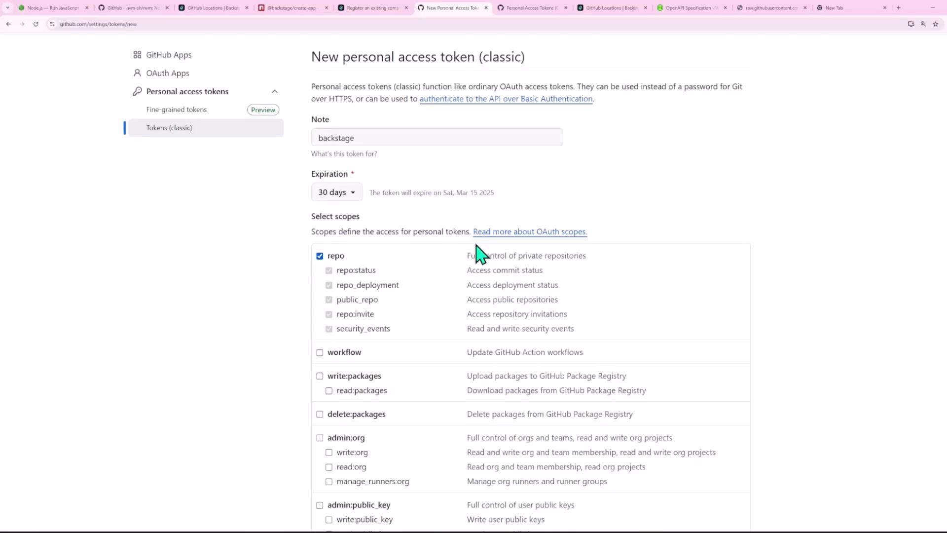 A screenshot of the GitHub "New personal access token (classic)" settings page showing fields for the token note, expiration (30 days), and selectable scopes. The "repo" scope is checked among other permissions like workflow and package-related options.