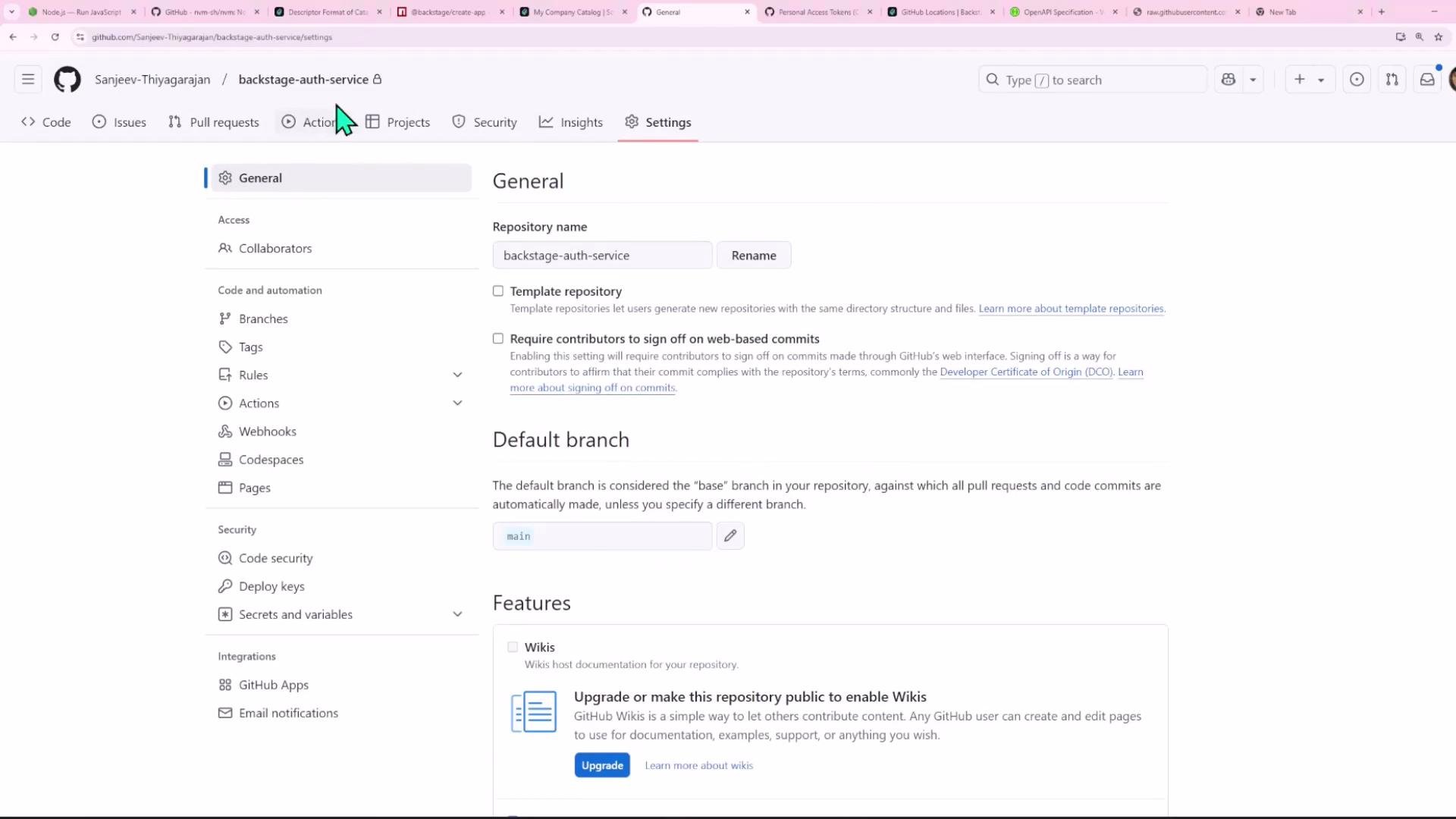 A screenshot of a GitHub repository's Settings → General page for "backstage-auth-service," showing the repository name, options to rename, and the default branch set to "main." The left sidebar lists settings sections like Collaborators, Branches, Actions, Webhooks, and Security.