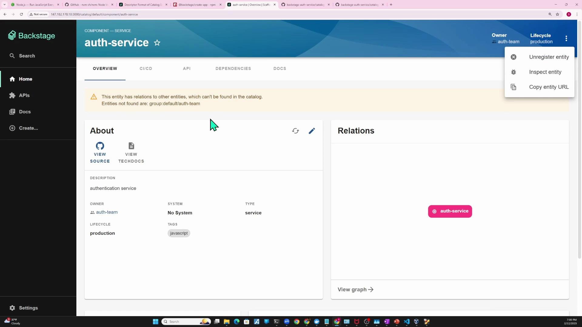 A screenshot of the Backstage developer portal showing an "auth-service" component page with Overview/About and Relations panels, a warning about missing related entities, and a dropdown menu with actions like "Unregister entity."
