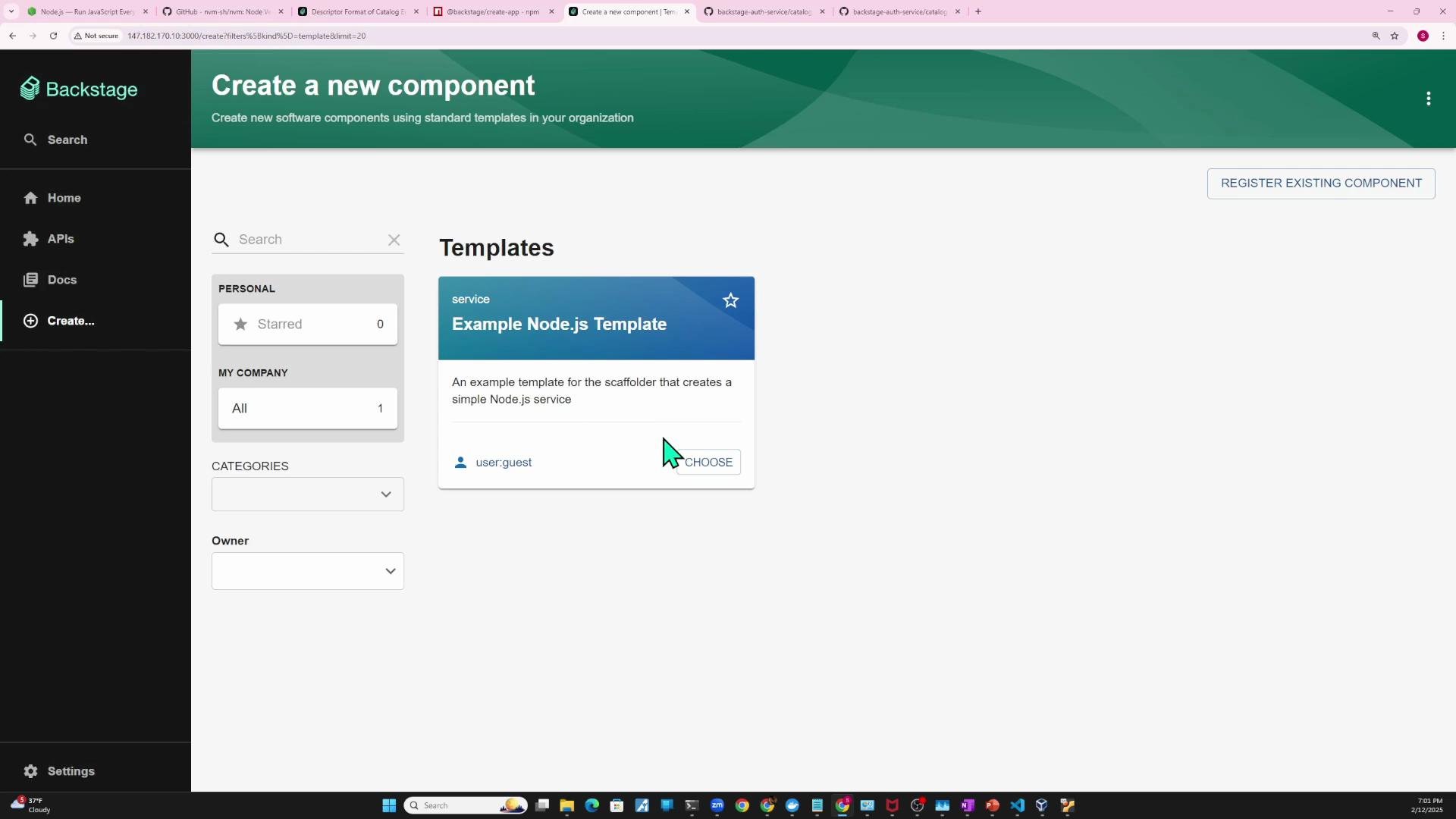 A screenshot of the Backstage web UI's "Create a new component" page showing a Templates panel with an "Example Node.js Template" card and a left-hand navigation menu. The page includes search and filter controls and a "Register Existing Component" button.