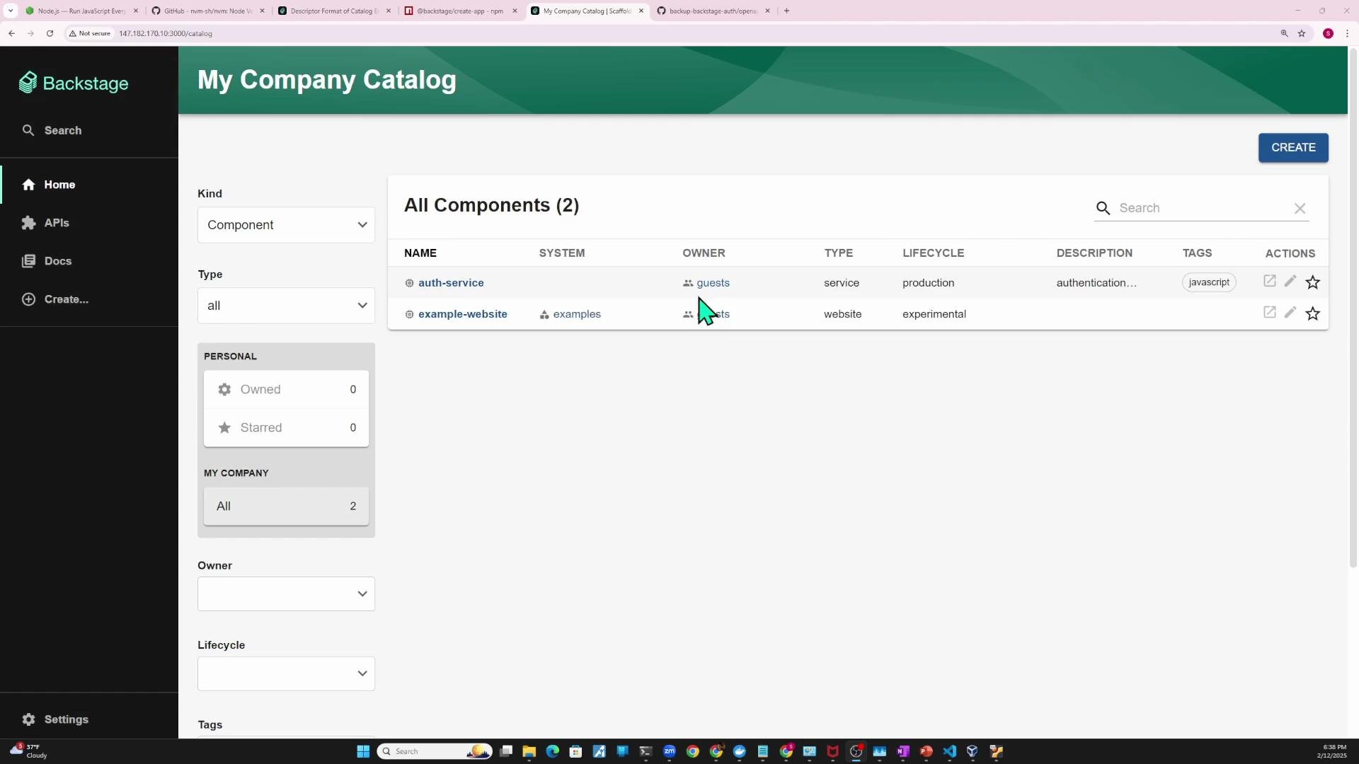 A screenshot of the Backstage "My Company Catalog" web UI showing a table of two components (auth-service and example-website) with columns for owner, type, lifecycle, and tags. The page includes a left navigation sidebar, filters on the left, and a "CREATE" button plus a search field.