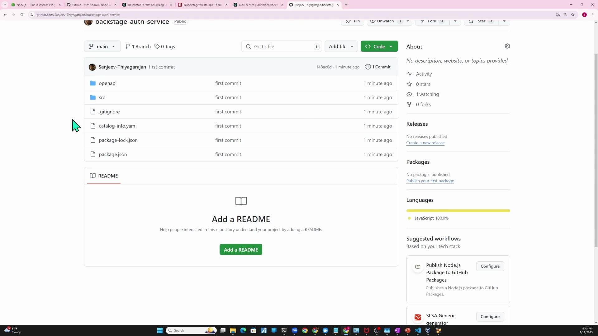 A screenshot of a GitHub repository page showing a file list (folders like openapi and src and files such as .gitignore and package.json) with a prompt to add a README. The right sidebar shows repo details and language stats (JavaScript) along with suggested workflows.