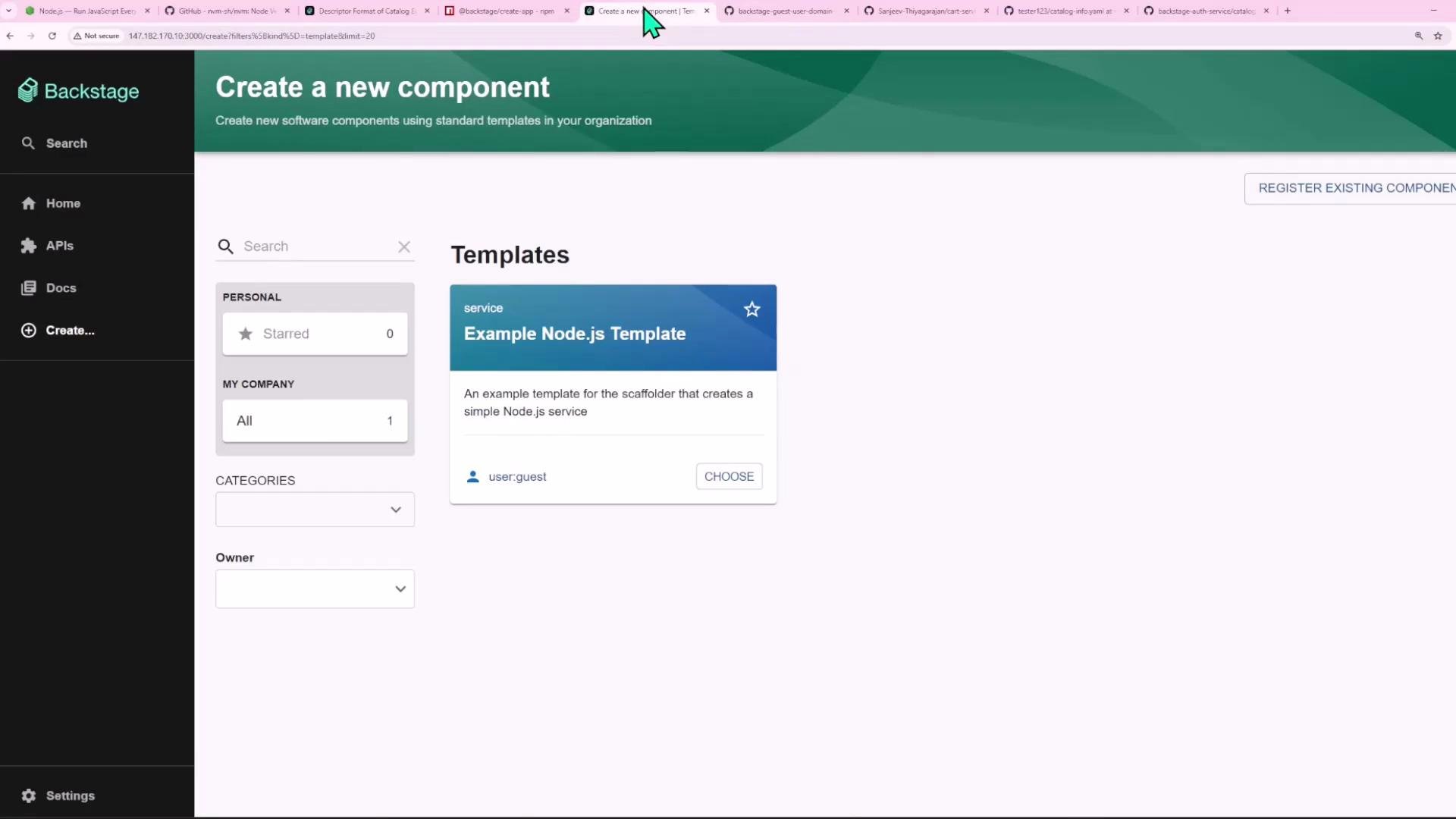 A Backstage web UI showing the "Create a new component" page with a left navigation menu and a central Templates area. The main card displays an "Example Node.js Template" with search and filter options on the left.
