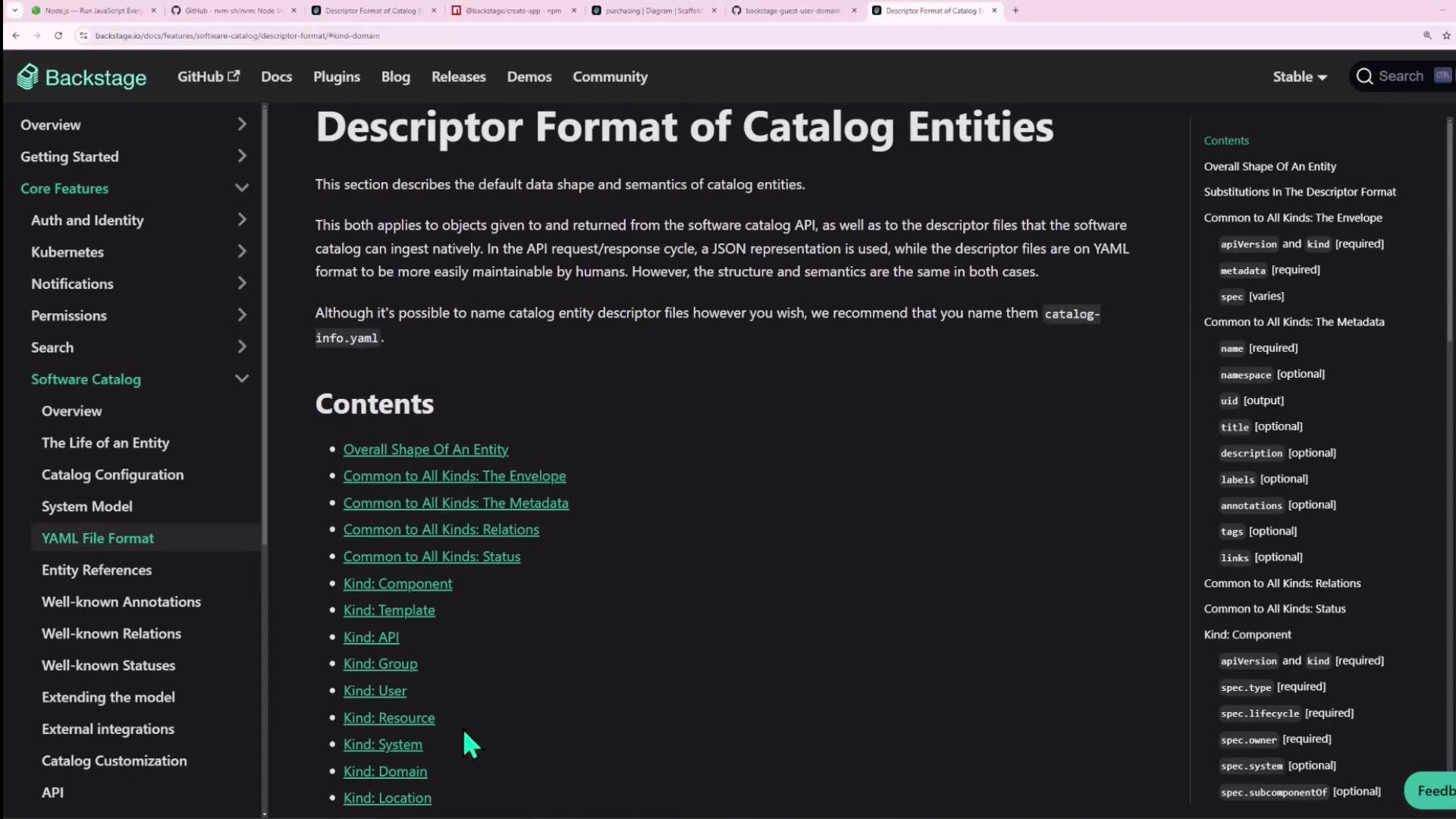 A screenshot of the Backstage documentation page titled "Descriptor Format of Catalog Entities." It shows a left navigation menu, the main content and contents list in the center, and a right-hand sidebar with section details.