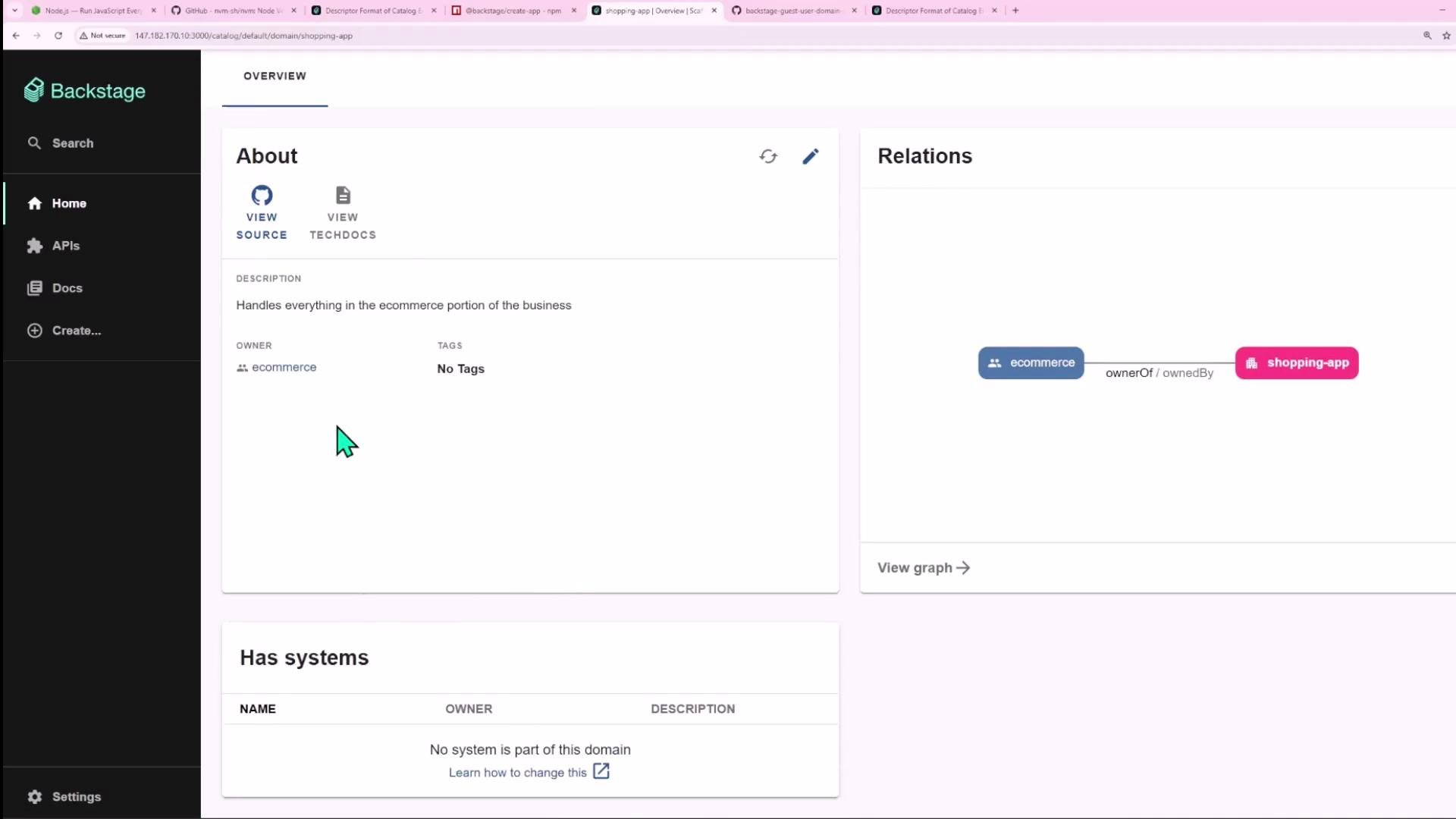 A Backstage web UI showing an "About" overview for an ecommerce domain/shopping-app, with a description that it handles the ecommerce portion of the business and a relations graph linking "ecommerce" to "shopping-app." The left sidebar shows navigation items like Home, APIs, and Docs.