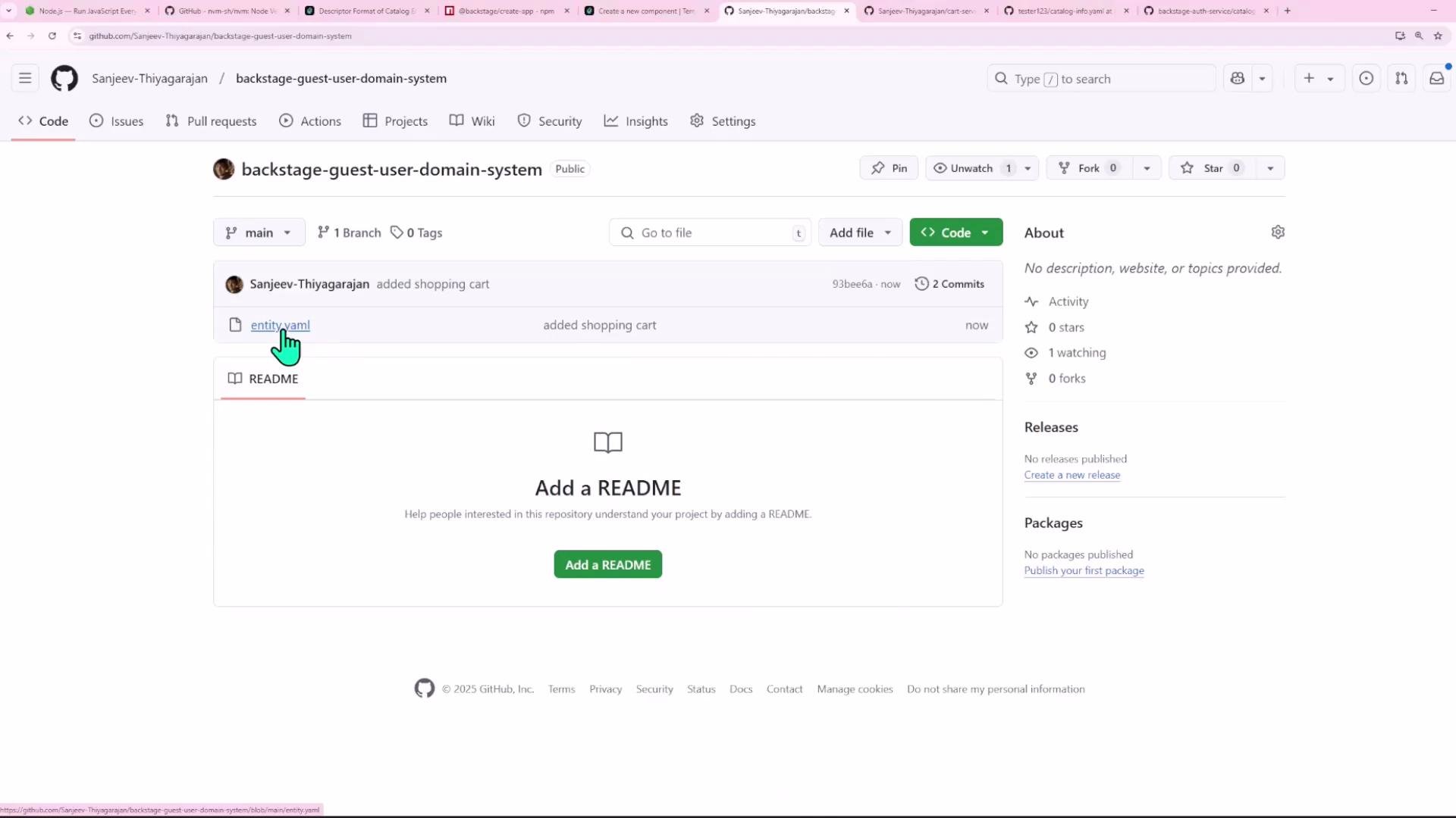 A screenshot of a GitHub repository page for "backstage-guest-user-domain-system" showing the main branch, a highlighted entity.yaml file, and a prompt to "Add a README."
