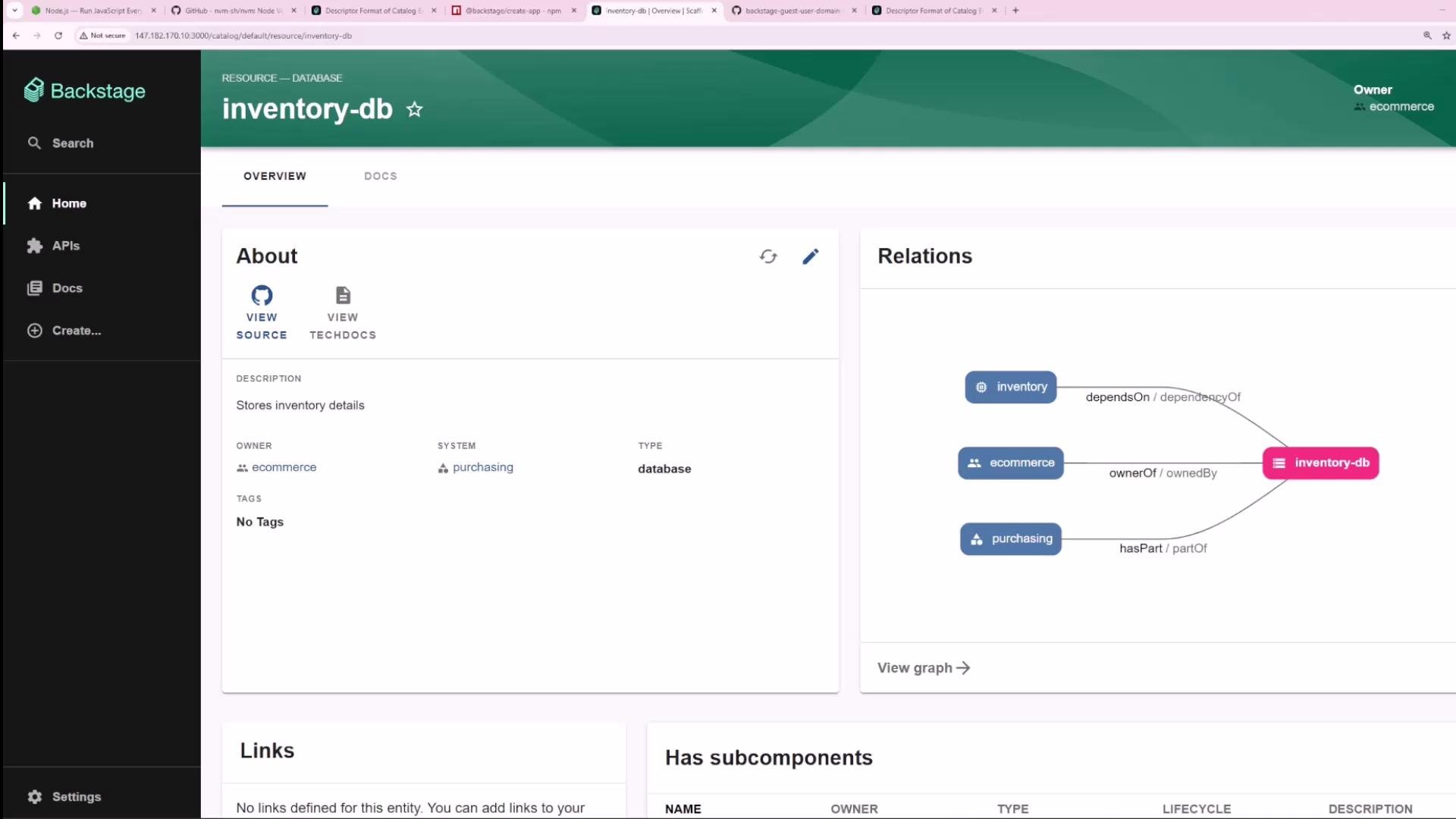 A screenshot of the Backstage service catalog showing the "inventory-db" resource overview, with an About panel listing description, owner (ecommerce) and system, and a Relations graph on the right. The left sidebar shows navigation (Home, APIs, Docs, Create) and the top header displays the inventory-db title.