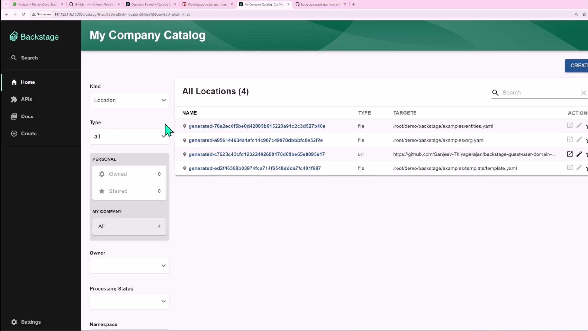 A screenshot of the Backstage web UI titled "My Company Catalog," showing a left navigation sidebar and a green header. The main panel lists "All Locations (4)" with generated location entries, their types (file/url) and target paths.