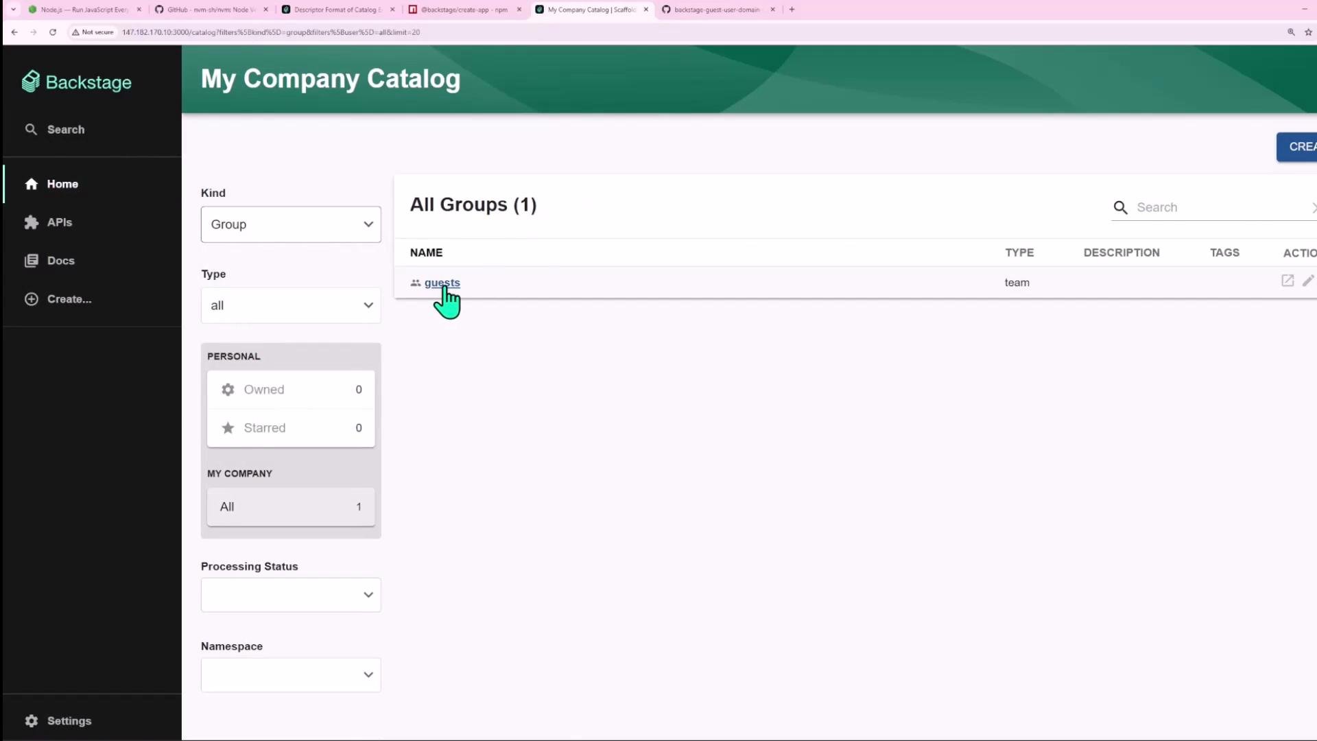 A screenshot of the Backstage "My Company Catalog" web UI showing the "All Groups (1)" table with a single "guests" group. A green hand cursor points at the "guests" entry and a left navigation sidebar lists Home, APIs, Docs, and Create.