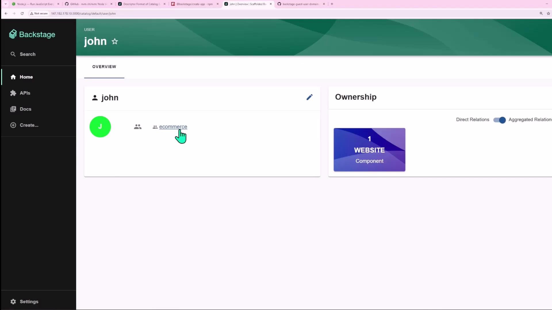 A screenshot of the Backstage web UI showing a user profile page for "john" with an overview panel. The page shows an "ecommerce" relation and an Ownership card displaying a WEBSITE component.