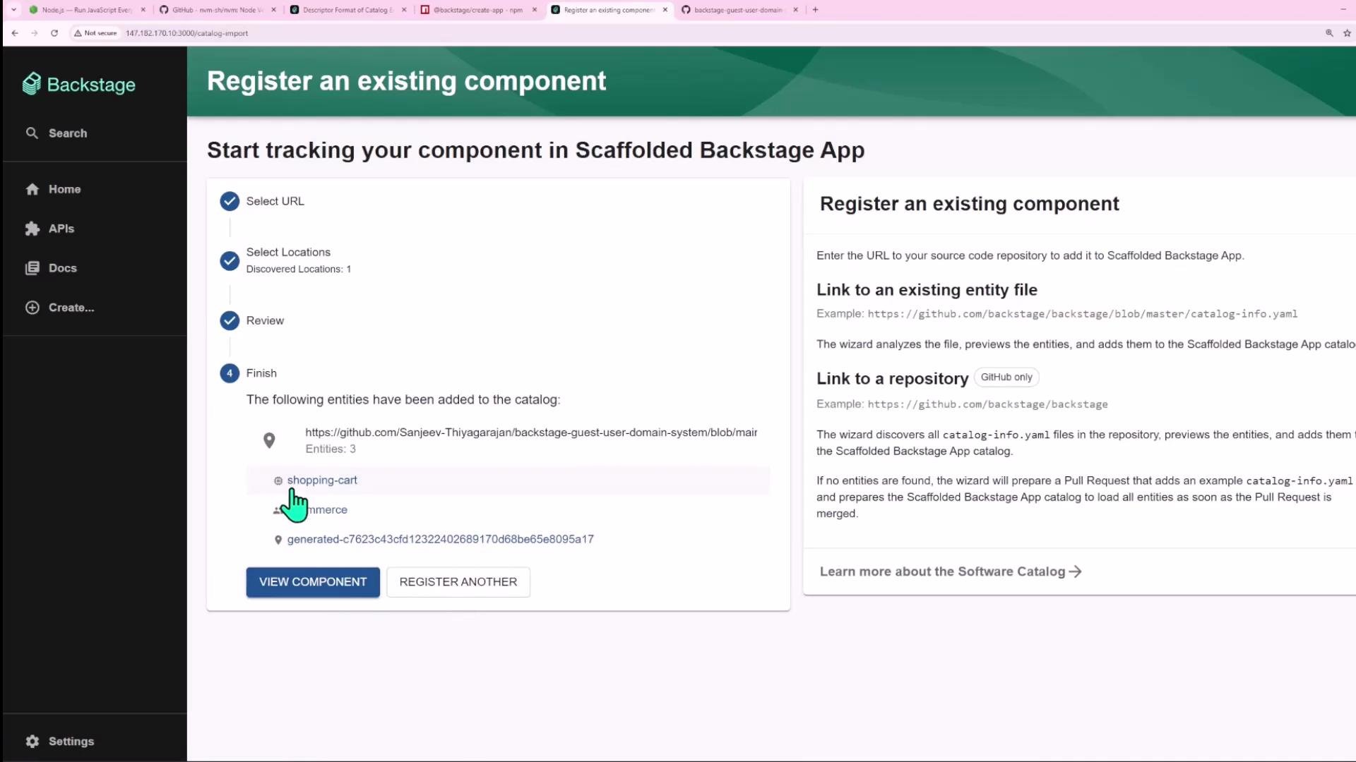 Screenshot of the Backstage "Register an existing component" page showing a multi-step wizard that found a repository and added entities (including "shopping-cart") to the catalog. The app's left navigation and instructions for linking a repository are visible.