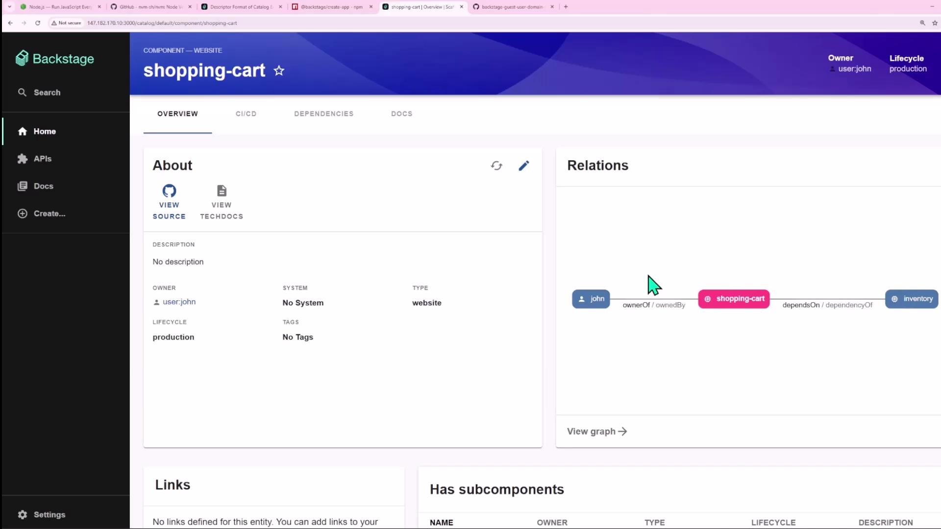 A Backstage web UI showing the "shopping-cart" component with an About panel on the left. On the right is a Relations graph linking the shopping-cart component to an inventory service.
