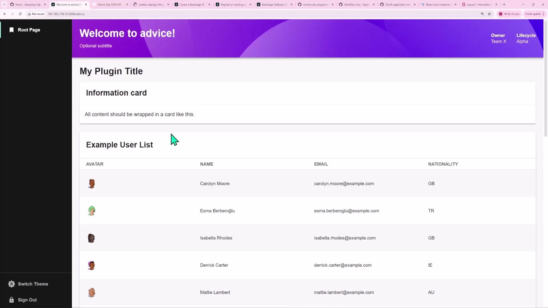A web app dashboard screenshot with a purple header reading "Welcome to advice!" and a page titled "My Plugin Title" showing an information card and an "Example User List" table of avatars, names, emails, and nationalities. A dark left navigation panel with items like "Root Page," "Switch Theme," and "Sign Out" is also visible.