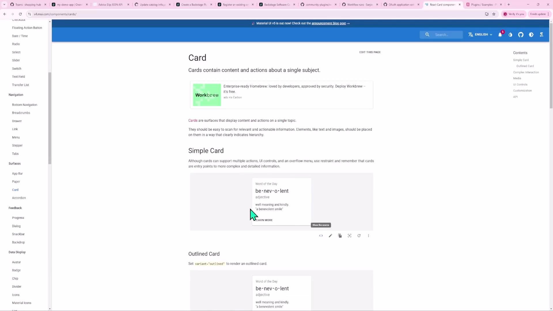 A screenshot of a documentation webpage (Material UI) showing the "Card" component with examples and explanatory text. The page includes a left navigation menu of UI components and a right-side contents list.