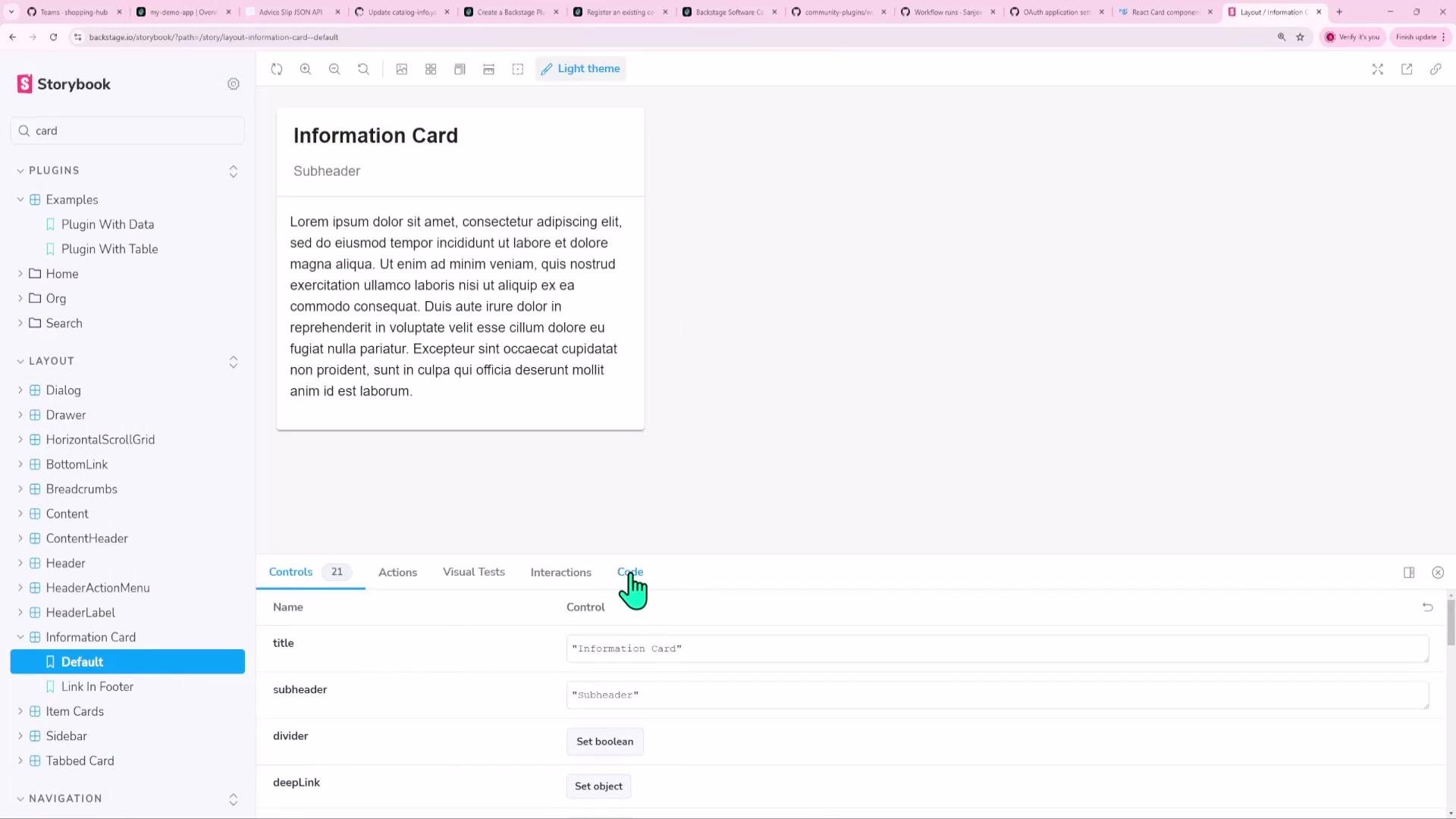 A Storybook UI screenshot showing an "Information Card" component preview with a subheader and lorem ipsum body text. The left sidebar lists components and the lower panel shows controls for the card's props.