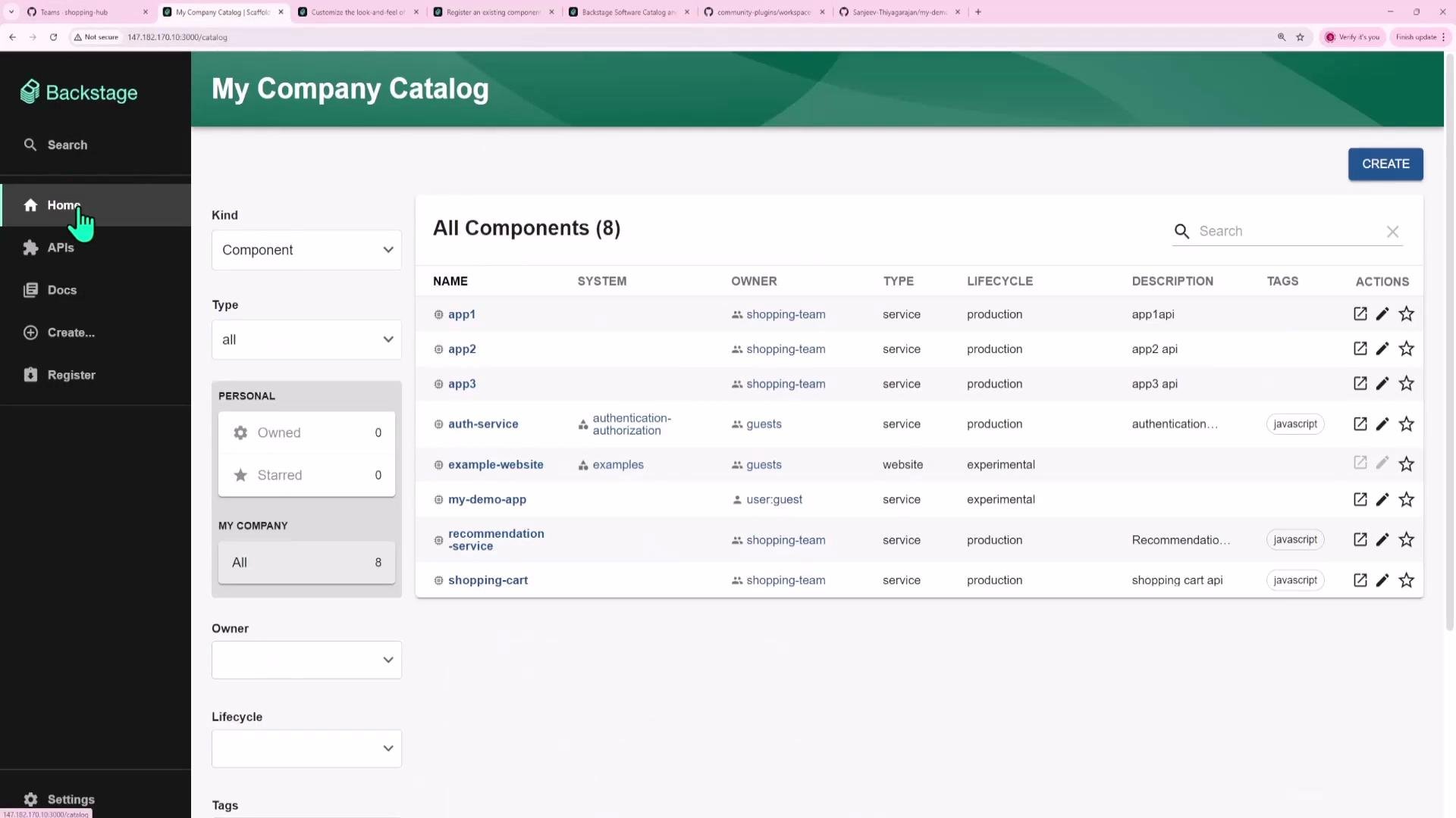 A screenshot of the Backstage "My Company Catalog" web UI showing a searchable table of components (app1, app2, auth-service, etc.) with columns for owner, type, lifecycle, description and actions. A left sidebar shows navigation and filter options like Home, APIs, Docs and component kind/type.