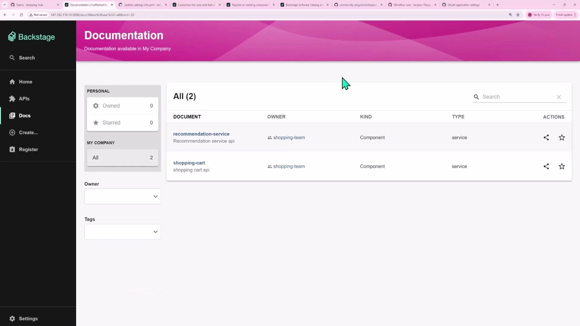 A screenshot of the Backstage Documentation page showing a list of two services (recommendation-service and shopping-cart) with a left navigation menu, search bar, and filters.