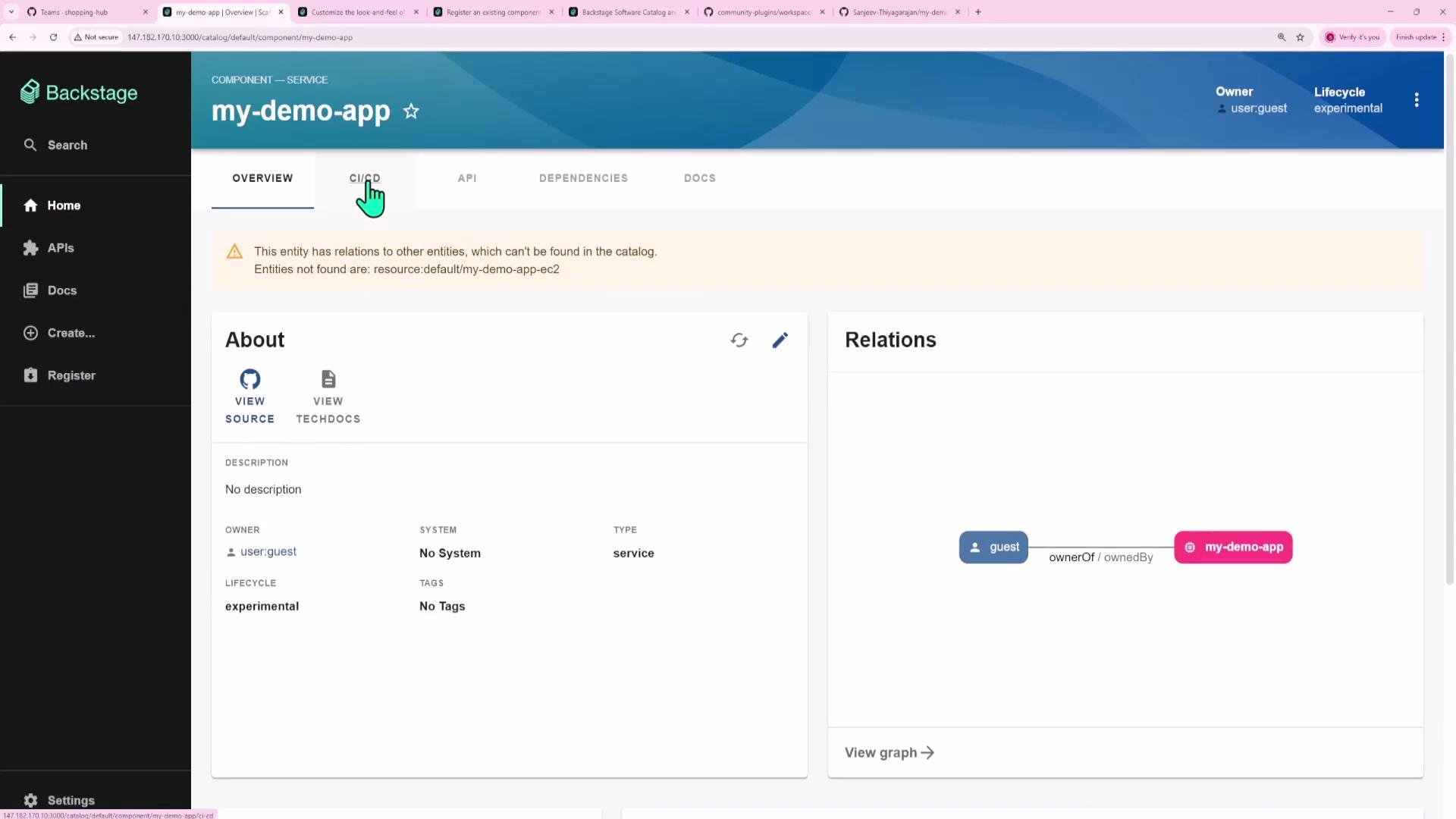 A screenshot of the Backstage software catalog page for a component named "my-demo-app," showing the Overview tab with About and Relations panels and a warning about an entity relation not found. The left navigation, top header (owner: user:guest, lifecycle: experimental), and a small relations graph are also visible.