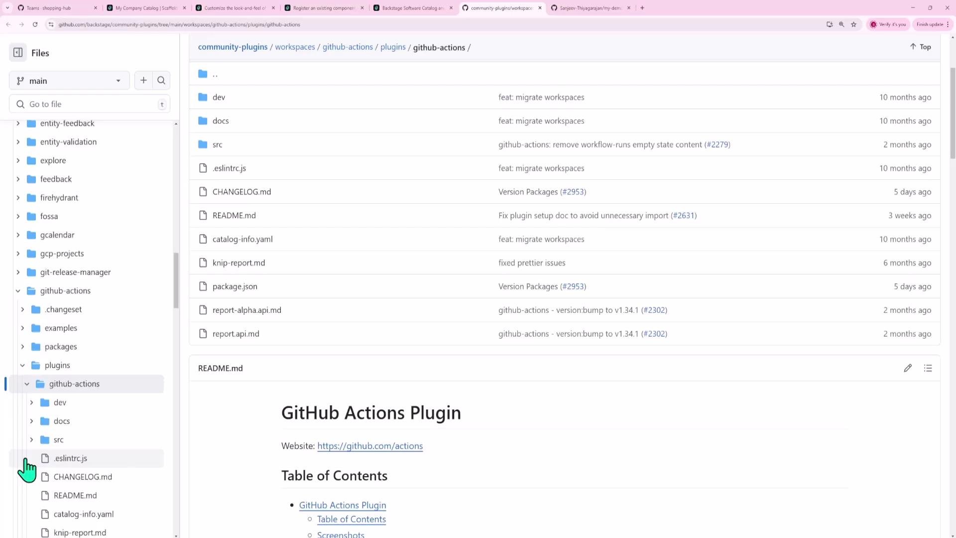 A screenshot of a GitHub repository file view showing a folder tree on the left and a list of files (including README.md, package.json, CHANGELOG.md) on the right for a "GitHub Actions Plugin" workspace. The README content for the plugin is visible in the lower right.