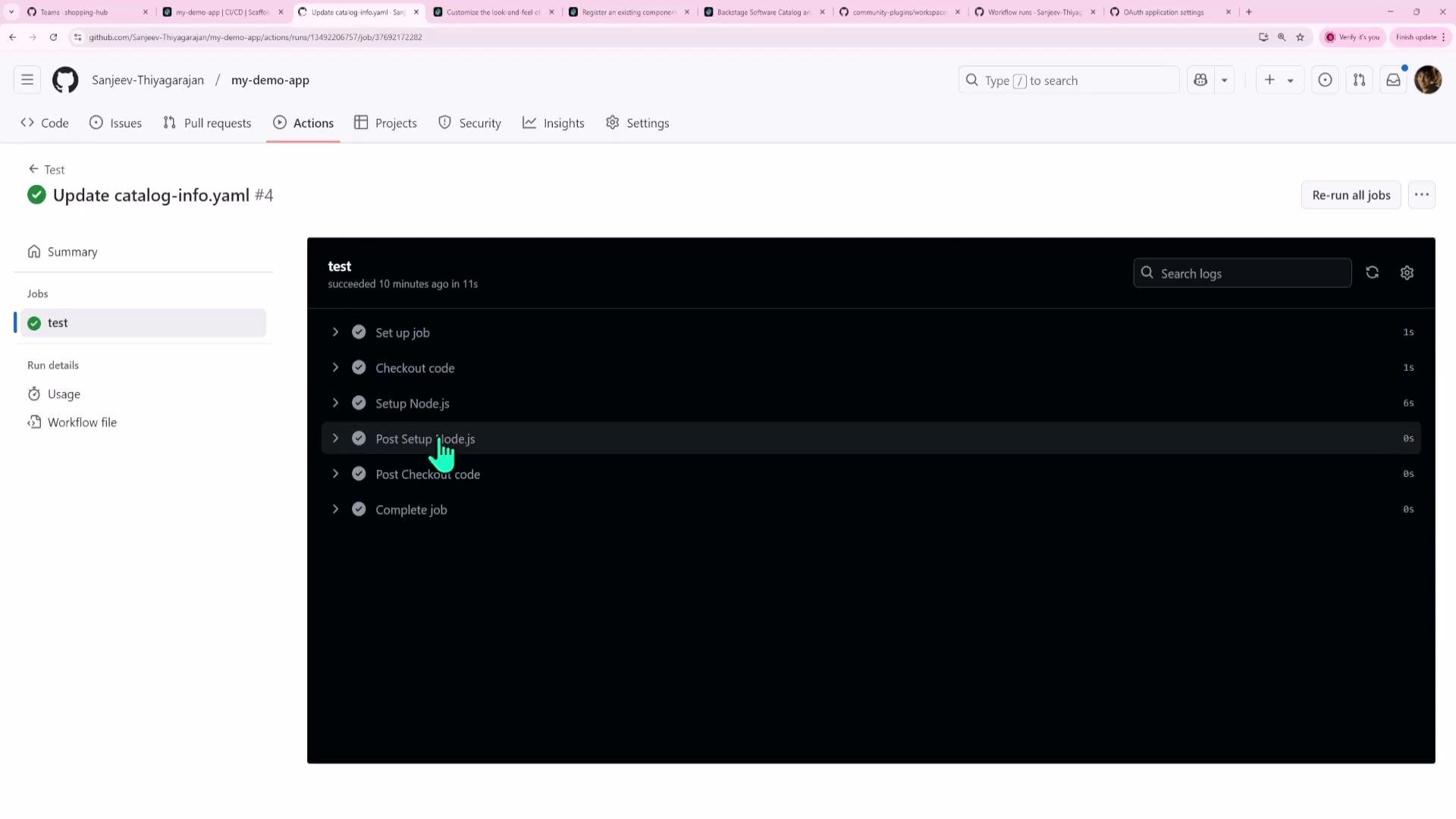 A screenshot of a GitHub Actions workflow run page showing a successful "test" job. The dark log pane lists steps like "Set up job", "Checkout code", "Setup Node.js" and "Post Setup Node.js".