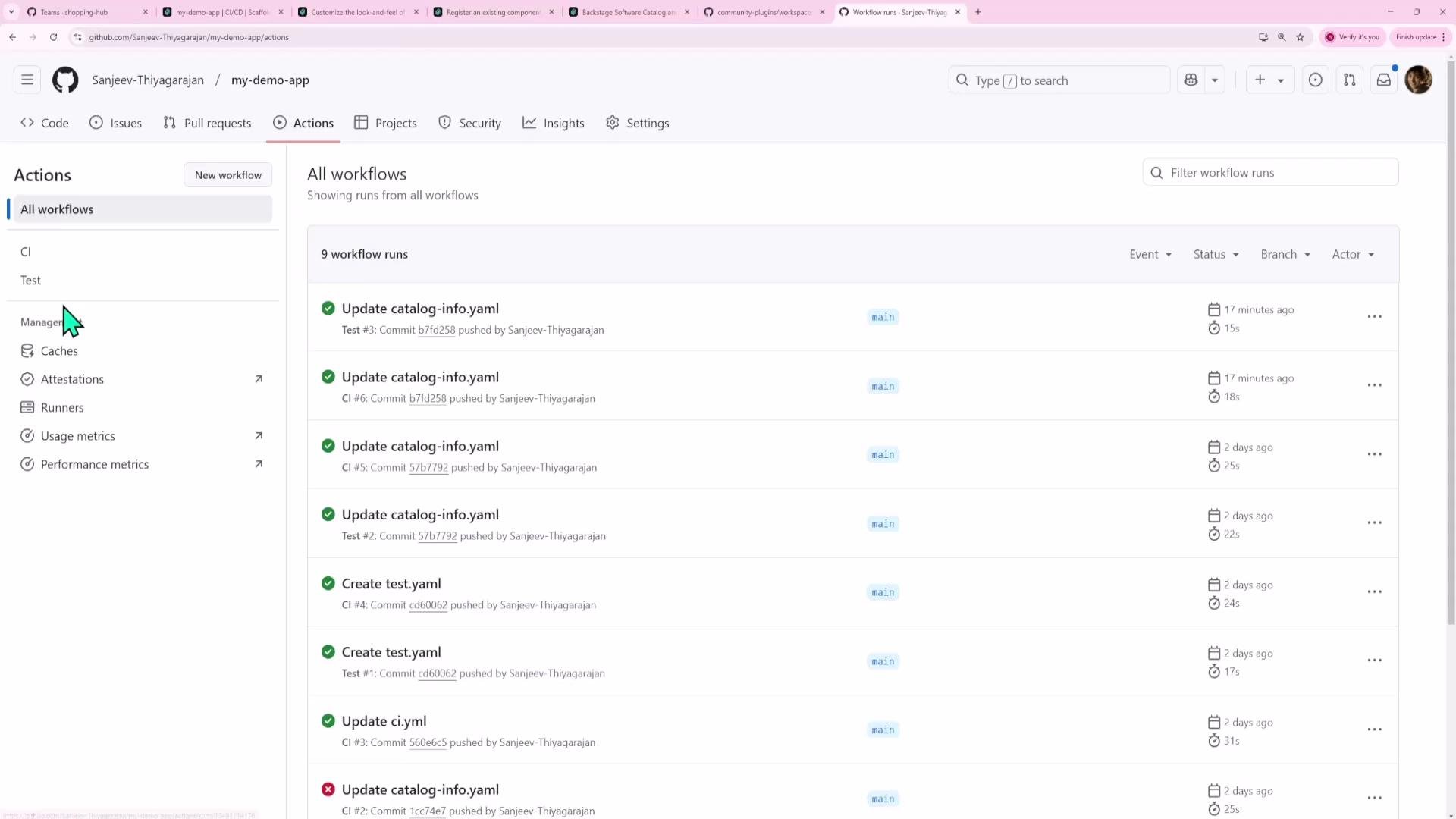 A screenshot of a GitHub repository's Actions page showing a list of recent workflow runs (e.g., "Update catalog-info.yaml", "Create test.yaml") with status icons, branch labels, and timestamps. The left sidebar shows the Actions navigation menu.