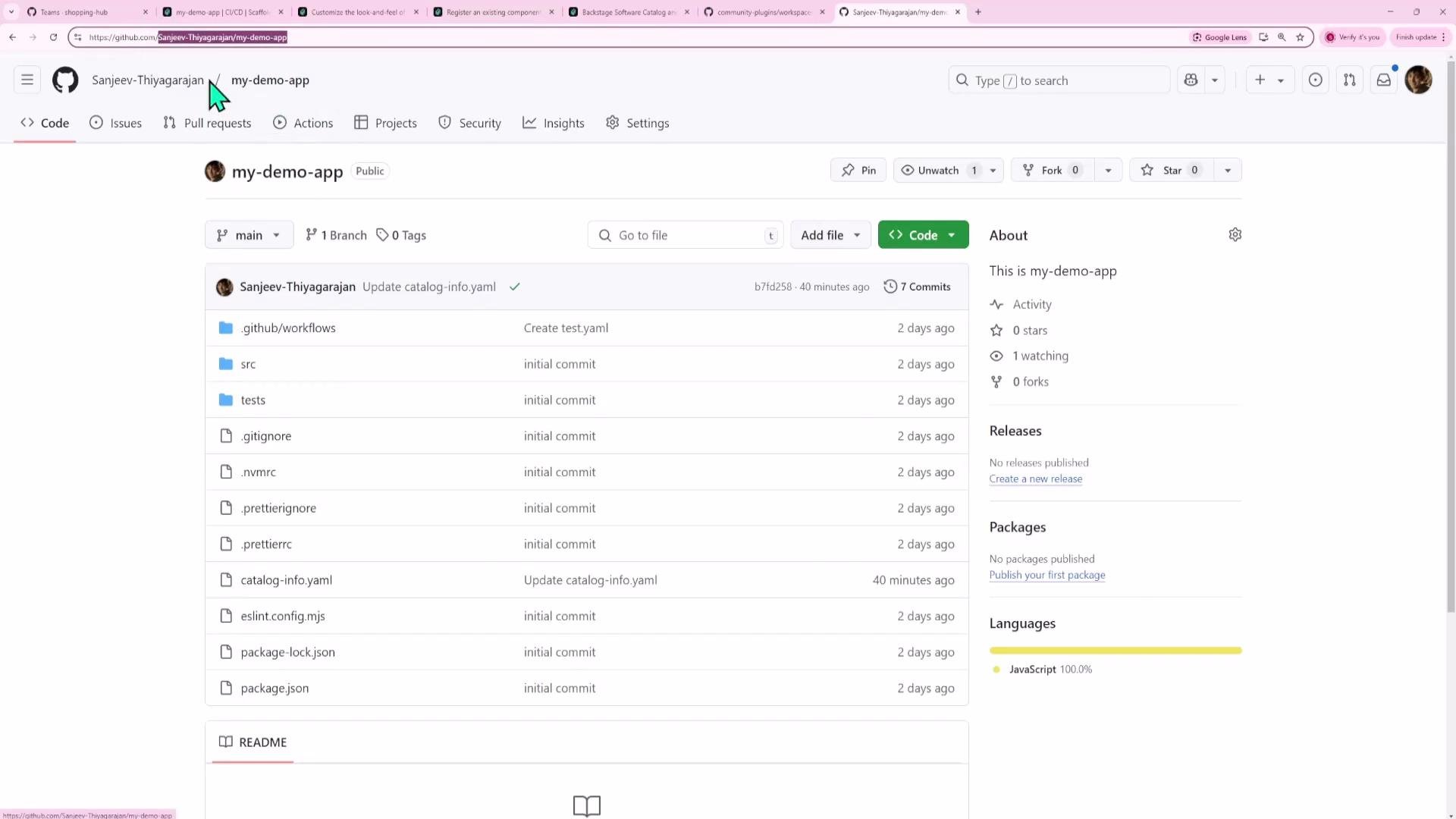 A screenshot of a GitHub repository page for a demo app, showing a list of folders and files (e.g., .github/workflows, src, tests, package.json) in the main pane and repo details and language/activity stats in the right sidebar. The top navigation (Code, Issues, Pull requests, etc.) is also visible.