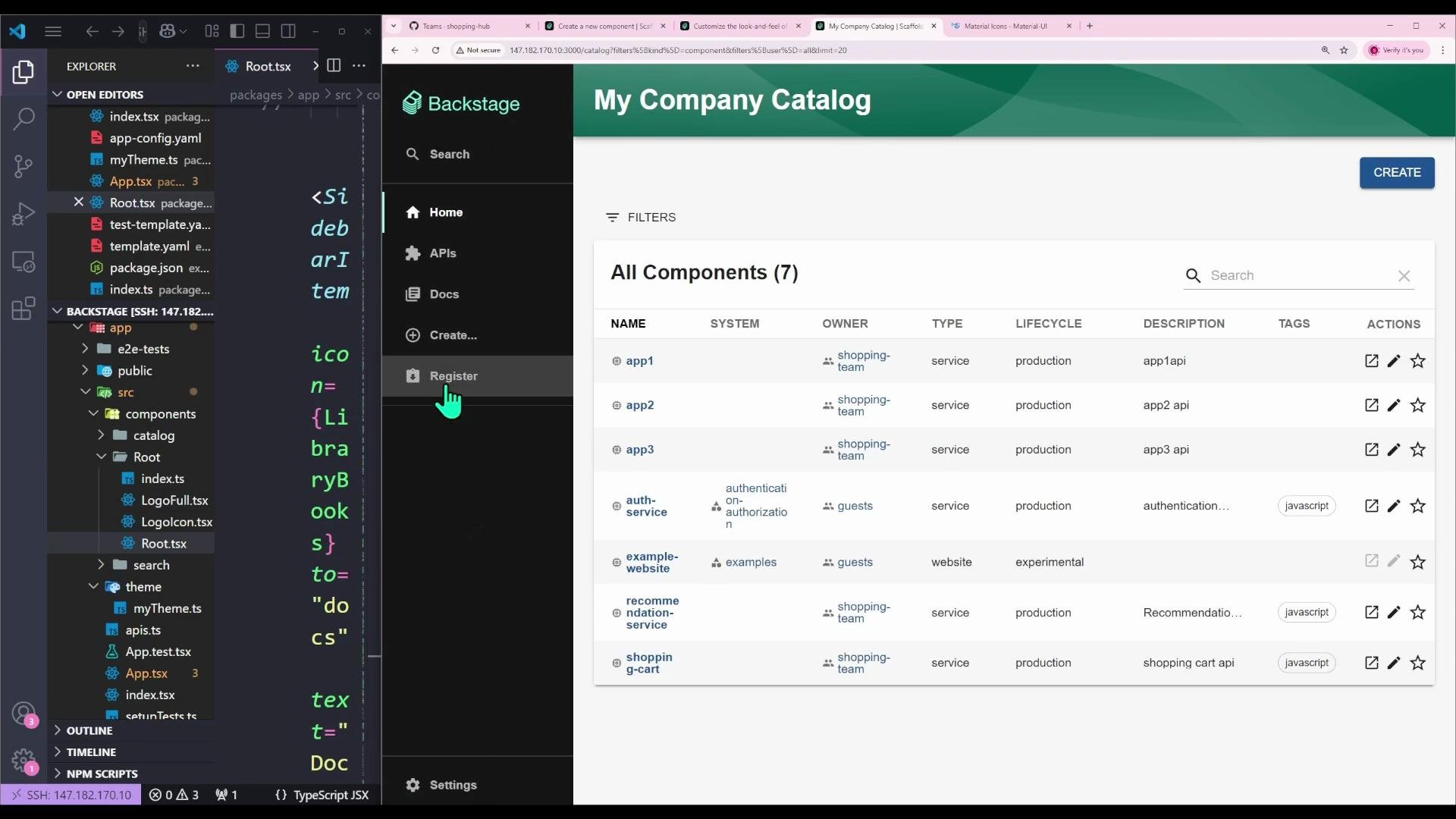 A split-screen screenshot showing a code editor (Visual Studio Code) with a project file tree and TypeScript code on the left, and a web UI for "My Company Catalog" (Backstage) displaying a table of components on the right. The left panel shows folders like src/components/Root, while the right shows component names, owners, types, and lifecycle statuses.