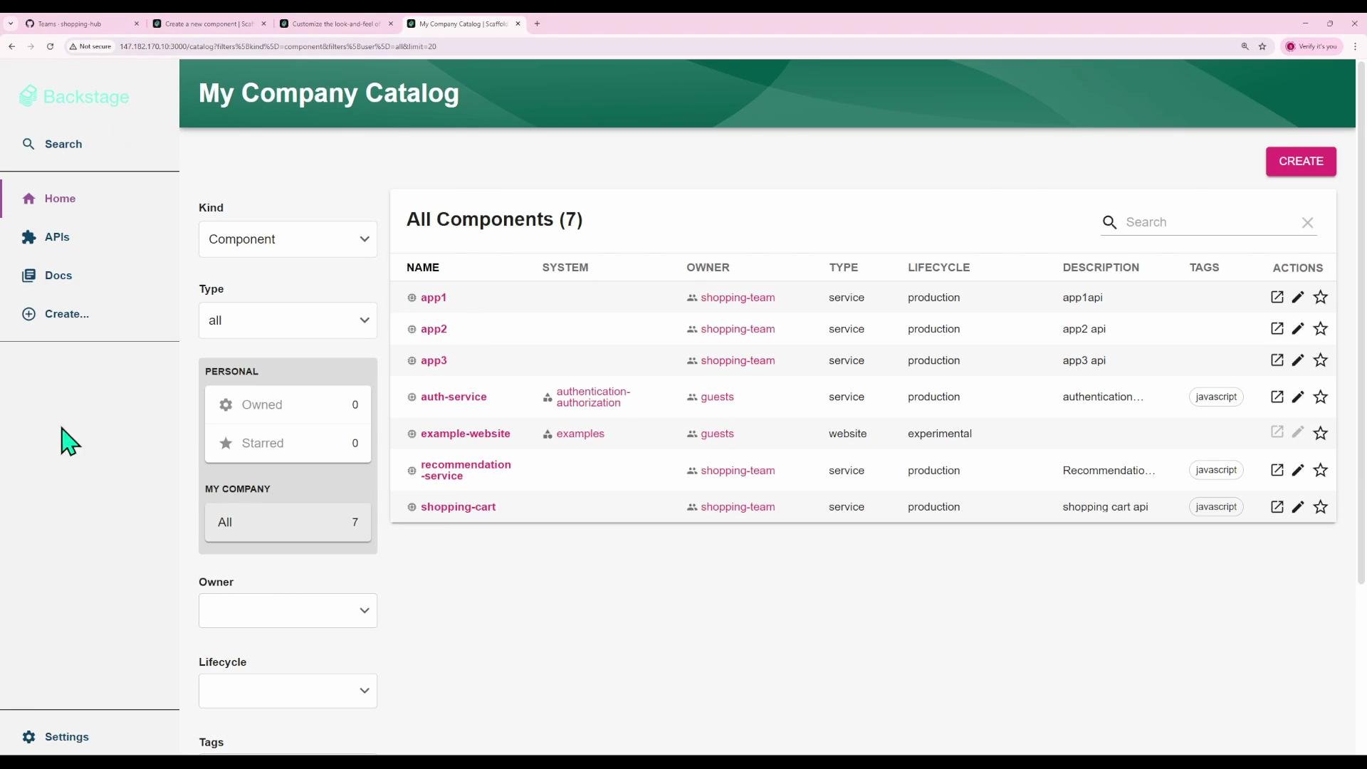 A web UI screenshot of "My Company Catalog" showing a table of components (app1, app2, auth-service, example-website, recommendation-service, shopping-cart) with columns for owner, type, lifecycle, description and action icons. The left sidebar shows navigation (Home, APIs, Docs) and a filter panel for kind, type and ownership.