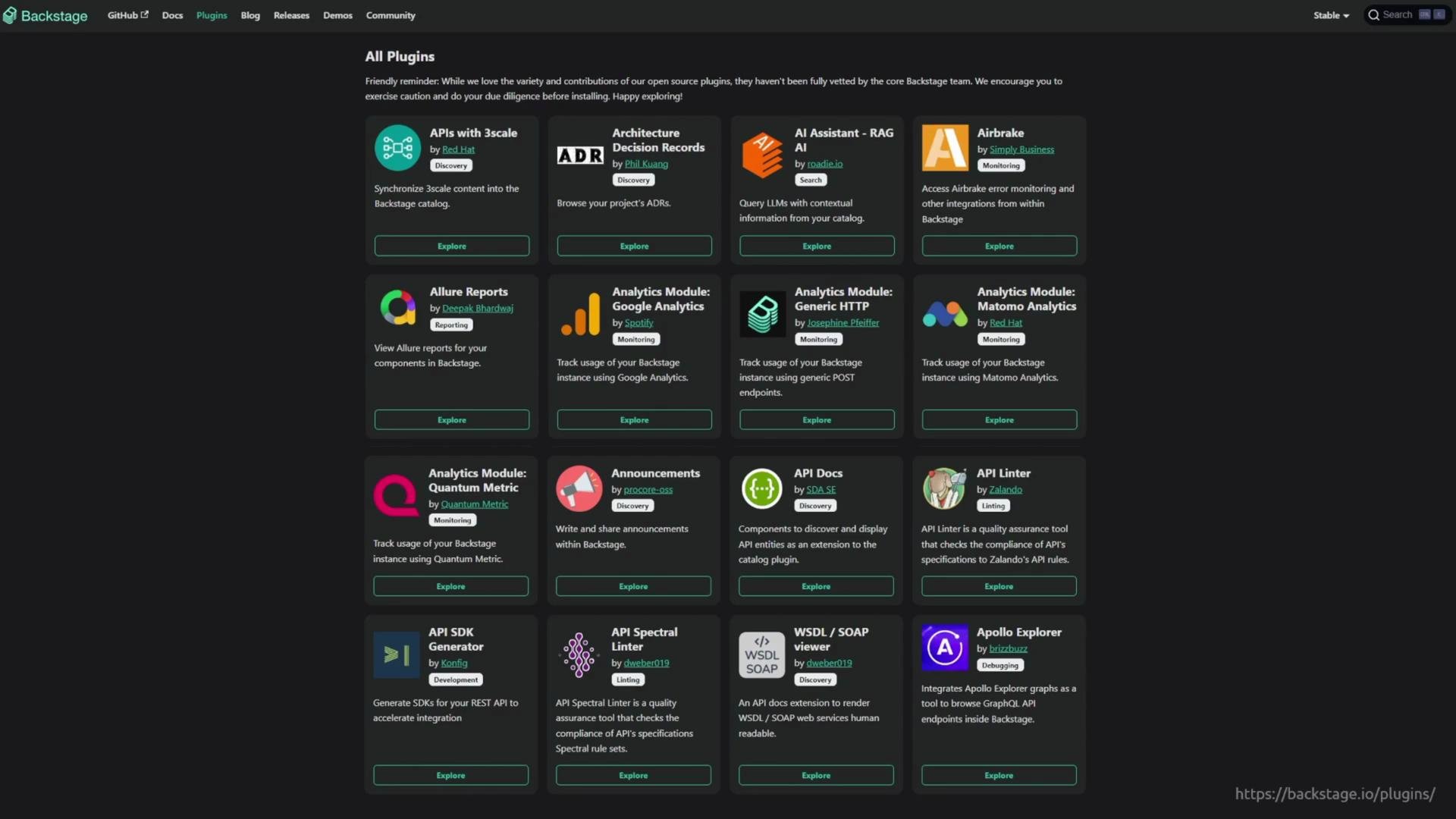 A dark-themed webpage showing a grid of Backstage plugin cards, each with an icon, title, short description and an "Explore" button. It appears to be the Backstage plugins directory listing extensions like monitoring, analytics and discovery.