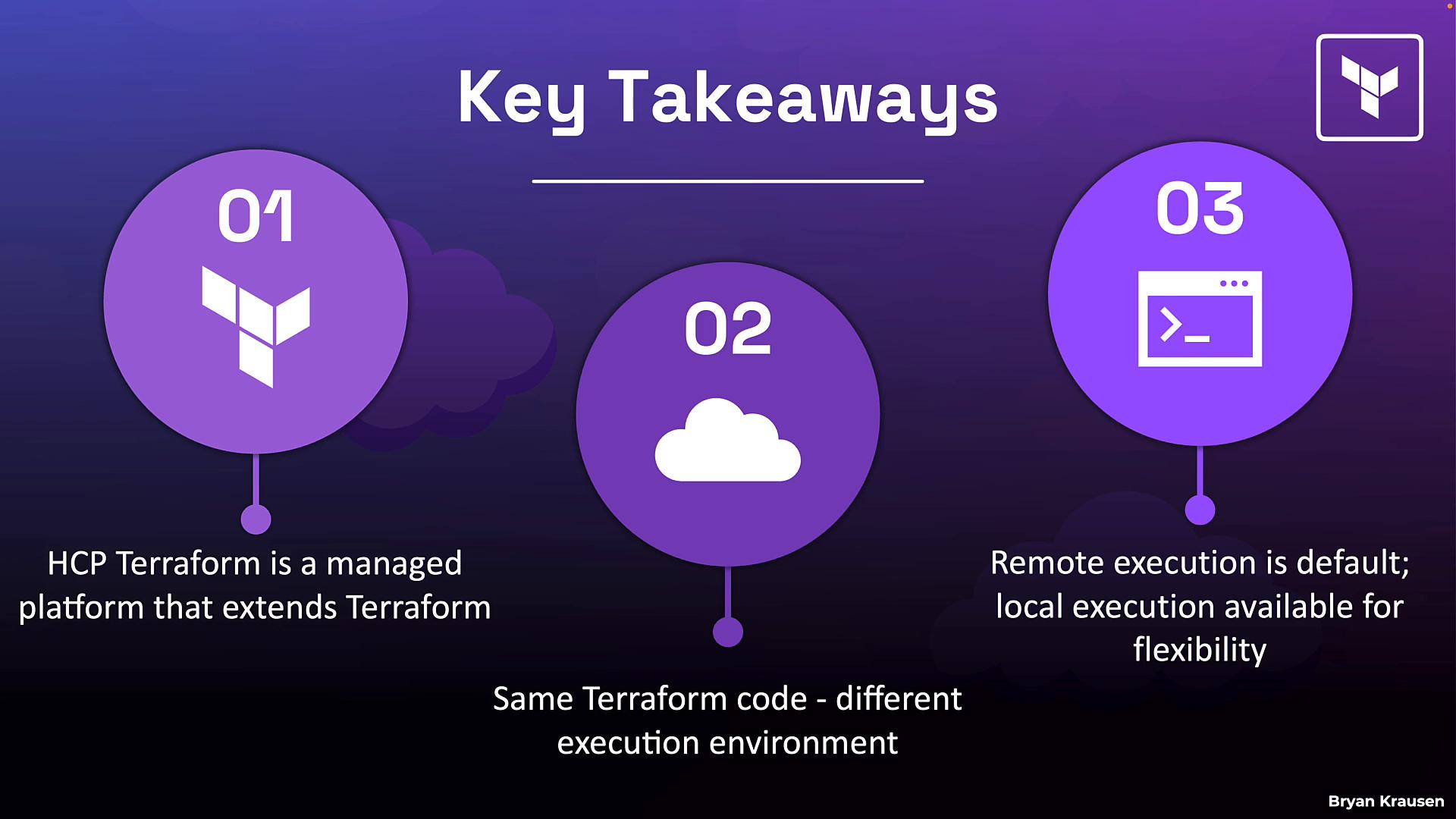 A presentation slide titled "Key Takeaways" with three large purple numbered circles (01, 02, 03) showing icons for Terraform, cloud, and a command window. The slide summarizes points about HCP Terraform, cloud execution, and execution environment differences.
