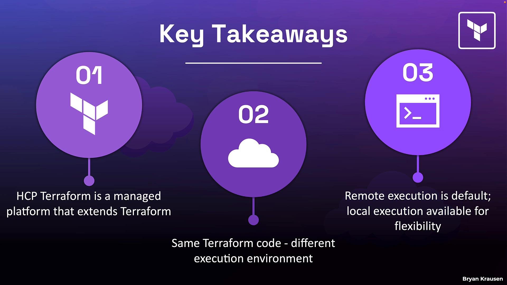 A presentation slide titled "Key Takeaways" with three large purple numbered circles (01, 02, 03) showing icons for Terraform, cloud, and a command window. The slide summarizes points about HCP Terraform, cloud execution, and execution environment differences.