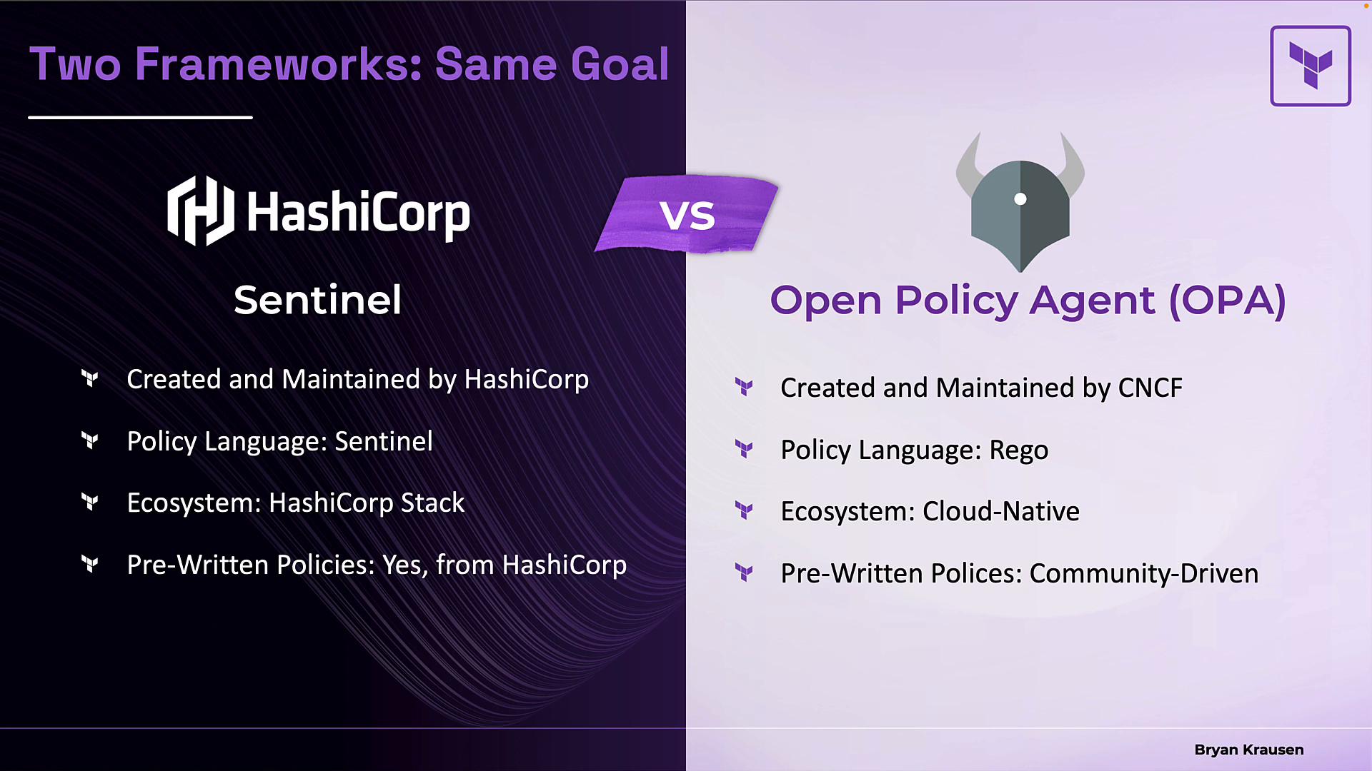 A presentation slide comparing two policy frameworks: HashiCorp Sentinel on the left and Open Policy Agent (OPA) on the right, listing creators, policy languages, ecosystems, and pre-written policy sources. The slide is titled "Two Frameworks: Same Goal" and visually contrasts HashiCorp's branding with OPA's logo.