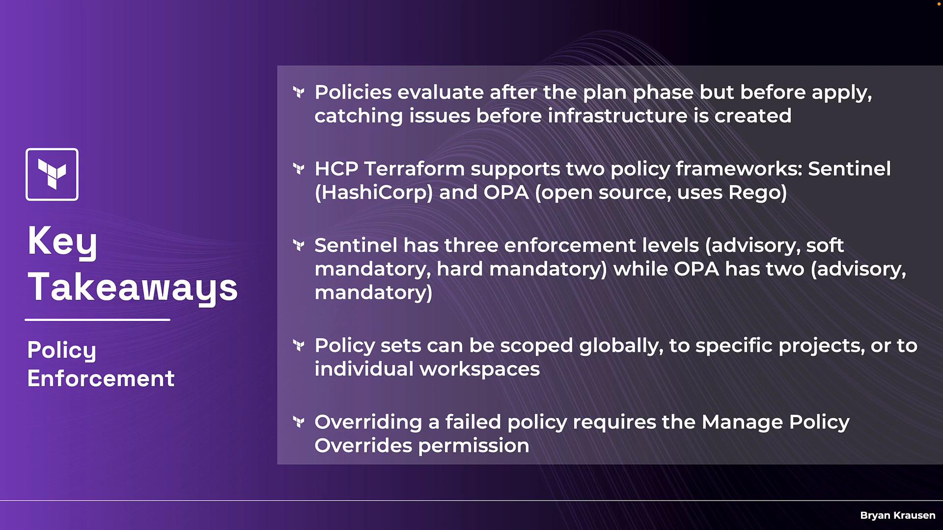 A purple presentation slide titled "Key Takeaways: Policy Enforcement." It lists bullet points about Terraform policy evaluation and supported frameworks (Sentinel and OPA) and their enforcement levels.
