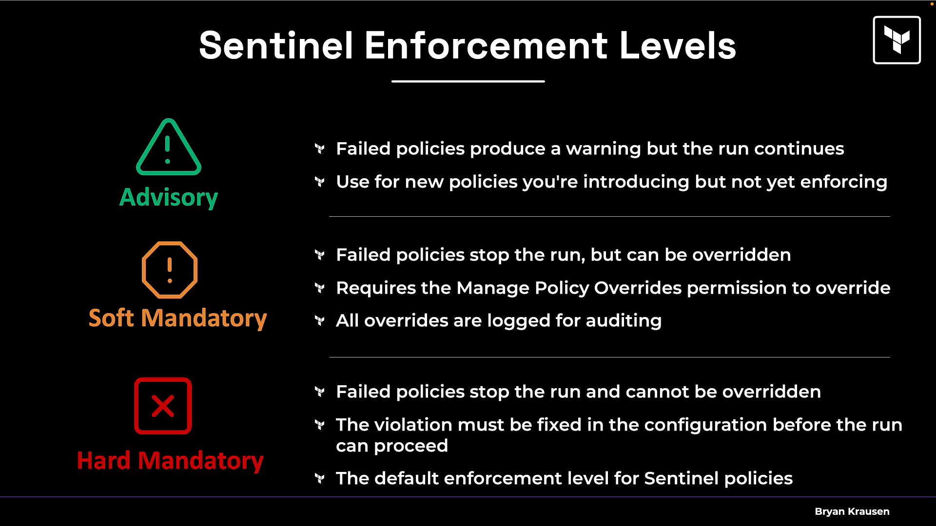 A slide titled "Sentinel Enforcement Levels" showing three levels—Advisory (green), Soft Mandatory (orange), and Hard Mandatory (red)—with icons and short bullet points describing how failed policies affect runs and overrides.