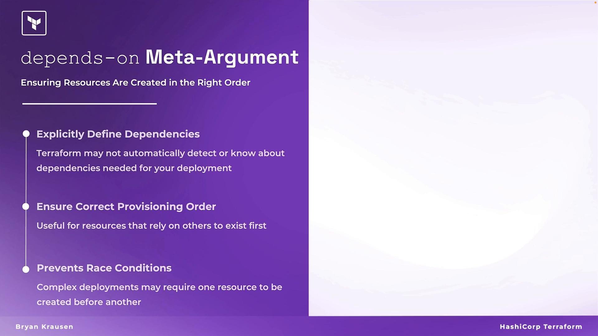 A purple presentation slide titled "depends-on Meta-Argument" about ensuring resources are created in the right order with Terraform. It lists tips like explicitly defining dependencies, ensuring correct provisioning order, and preventing race conditions.