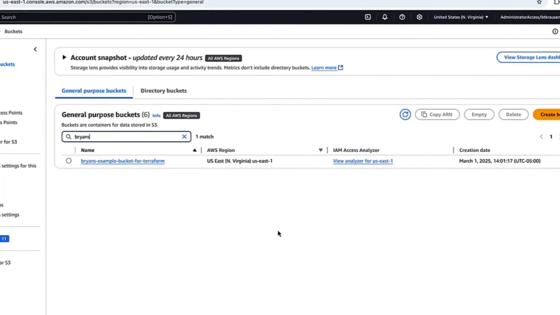 A screenshot of the AWS S3 Buckets console showing the "General purpose buckets" view with a search for "bryans" and one result: "bryans-example-bucket-for-terraform" in the US East (N. Virginia) region.