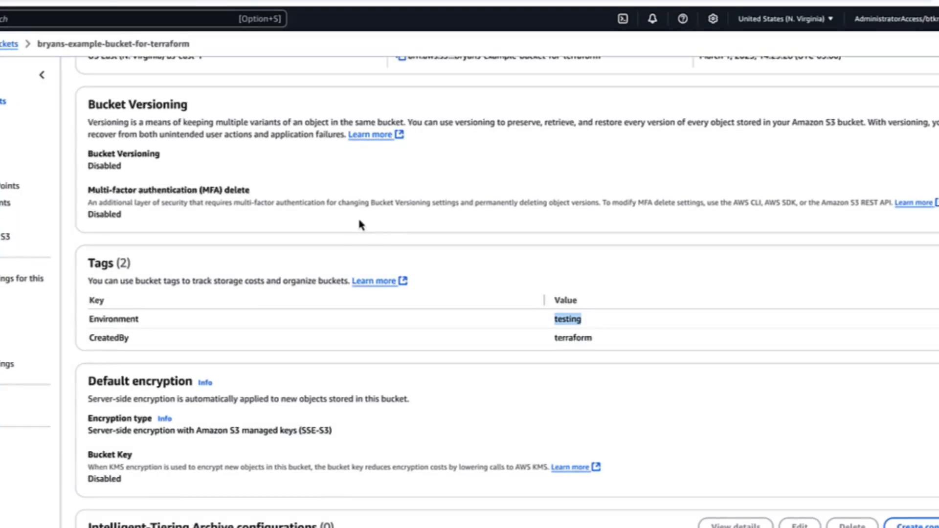 A screenshot of an AWS S3 bucket settings page showing "Bucket Versioning" as disabled, tags (Environment: testing, CreatedBy: terraform), and default encryption details. It’s the AWS Management Console view for a specific S3 bucket.