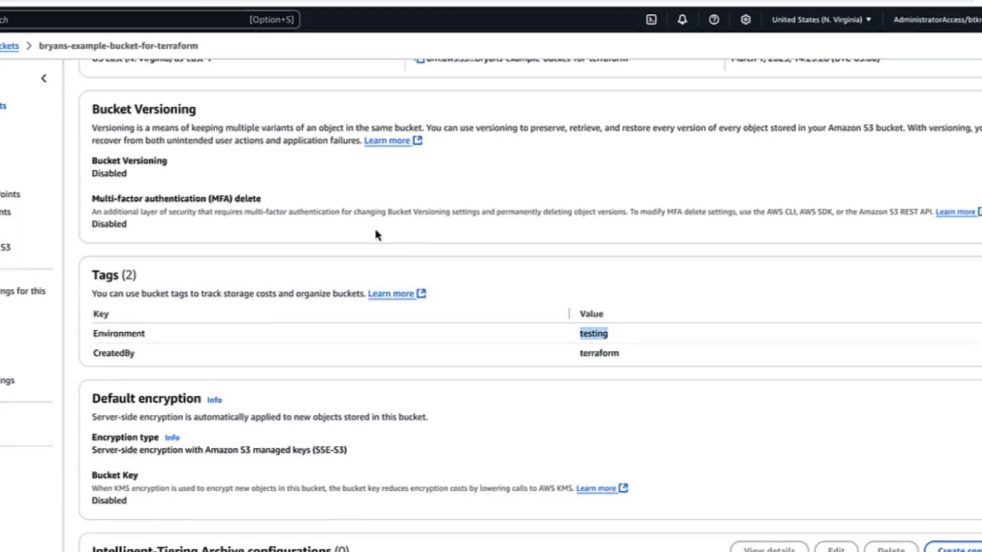 A screenshot of an AWS S3 bucket settings page showing "Bucket Versioning" as disabled, tags (Environment: testing, CreatedBy: terraform), and default encryption details. It’s the AWS Management Console view for a specific S3 bucket.
