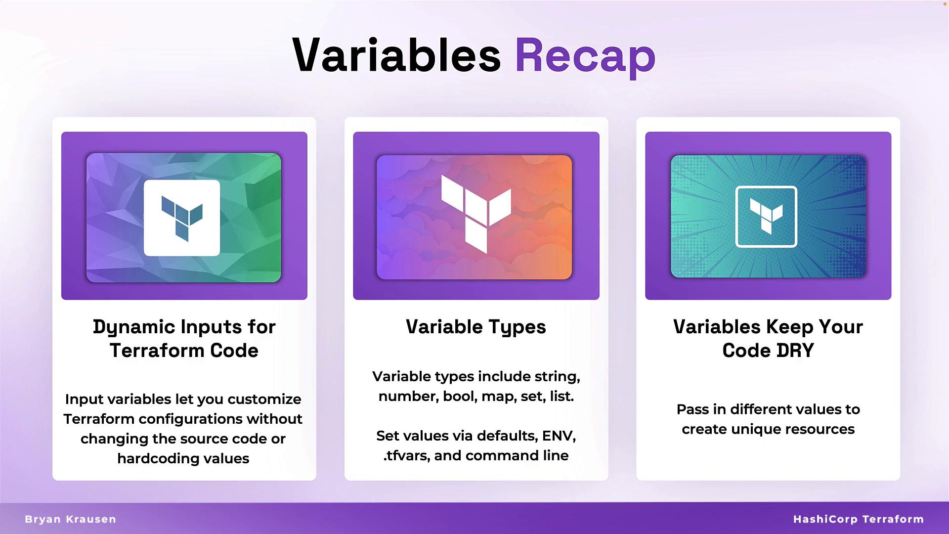A colorful infographic titled "Variables Recap" with three panels summarizing Terraform concepts: Dynamic Inputs, Variable Types, and keeping code DRY. Each panel features a stylized Terraform logo card and short explanatory text.