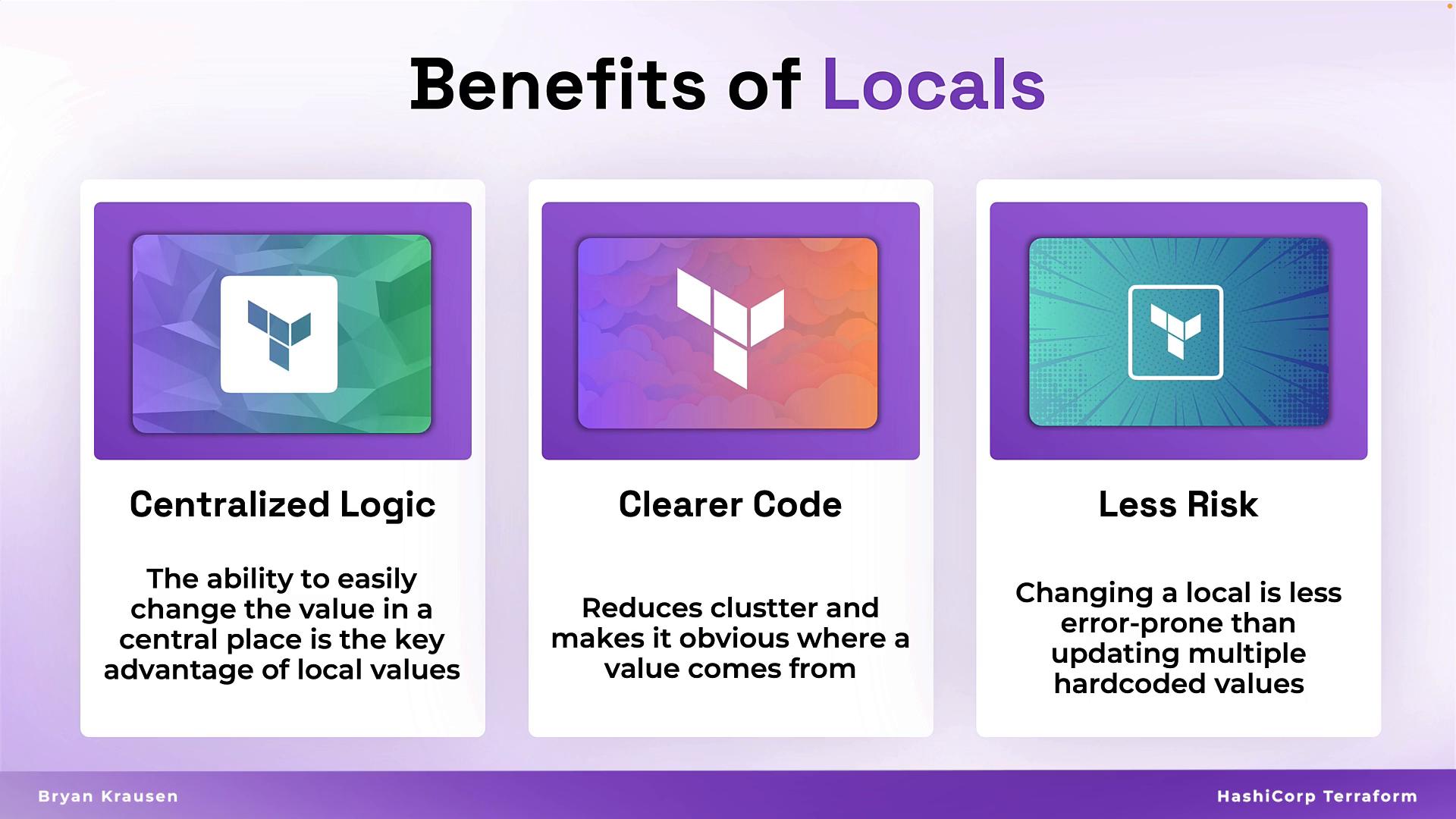 A colorful infographic titled "Benefits of Locals" with three panels labeled "Centralized Logic," "Clearer Code," and "Less Risk," each featuring a Terraform logo and brief explanatory text. The footer credits "Bryan Krausen" and "HashiCorp Terraform."