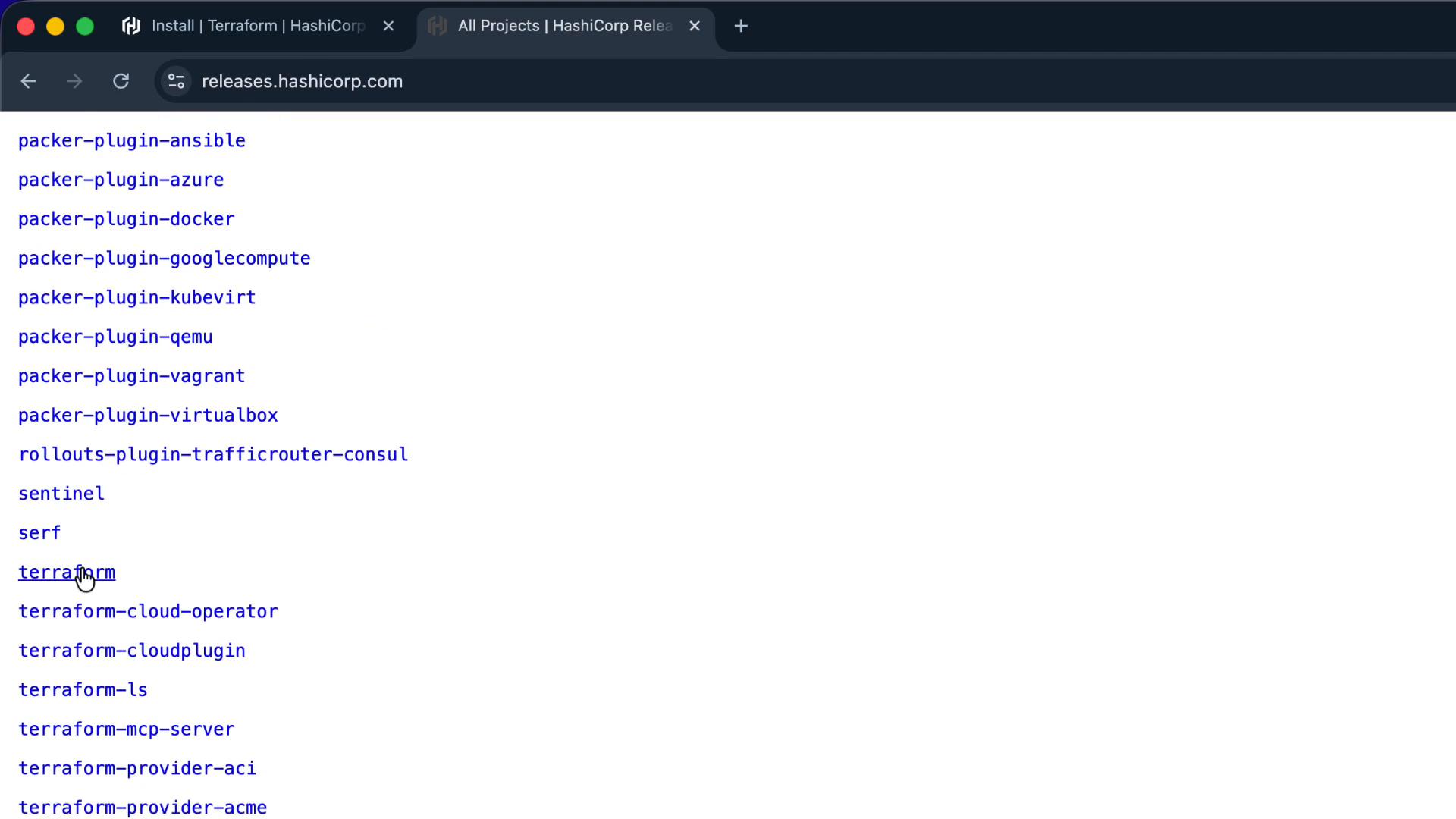 A browser screenshot of releases.hashicorp.com showing a vertical list of blue links for HashiCorp projects and plugins (e.g., packer-plugin-*, terraform, sentinel, serf). A cursor is hovering near the "terraform" link.