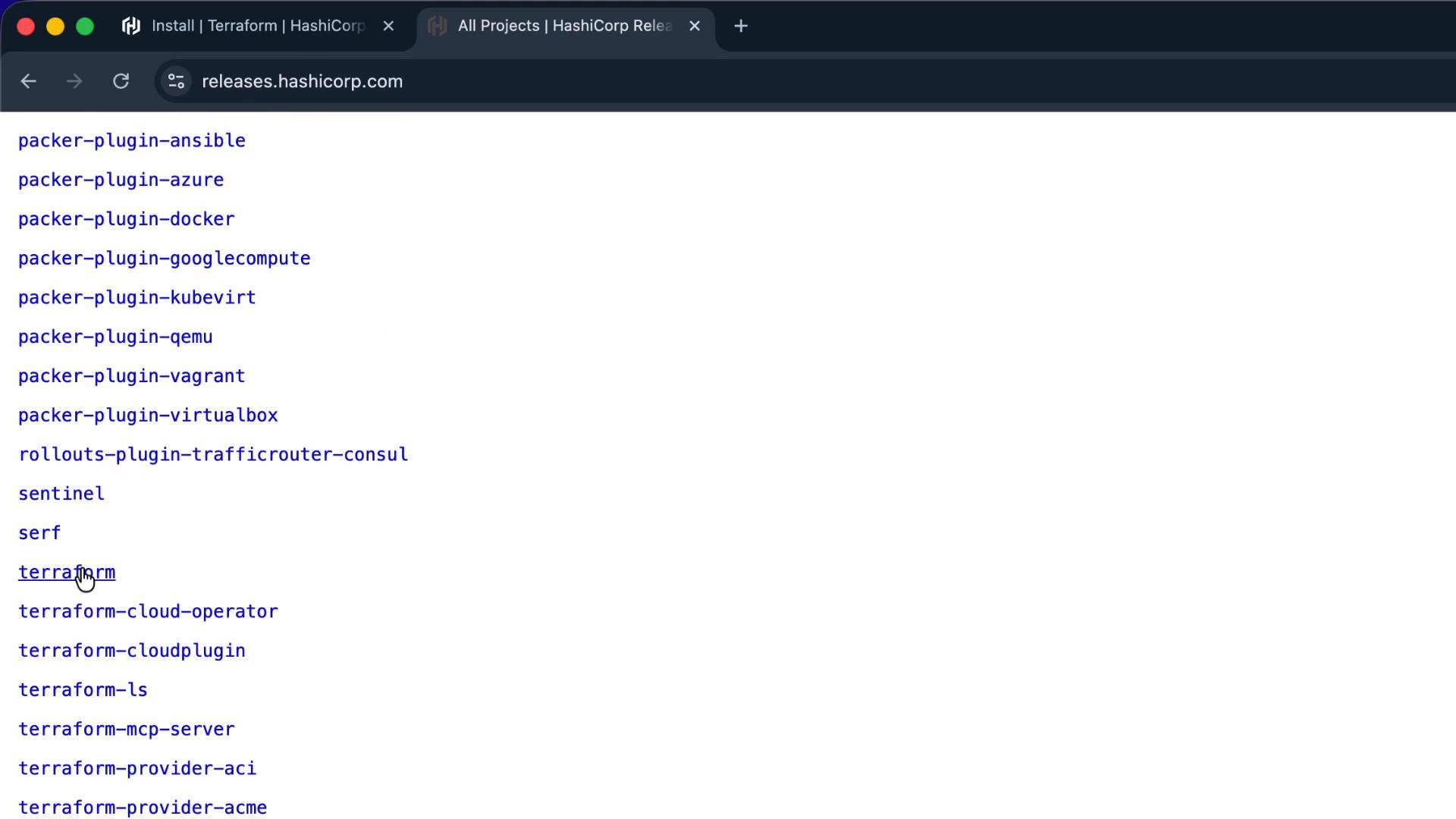 A browser screenshot of releases.hashicorp.com showing a vertical list of blue links for HashiCorp projects and plugins (e.g., packer-plugin-*, terraform, sentinel, serf). A cursor is hovering near the "terraform" link.