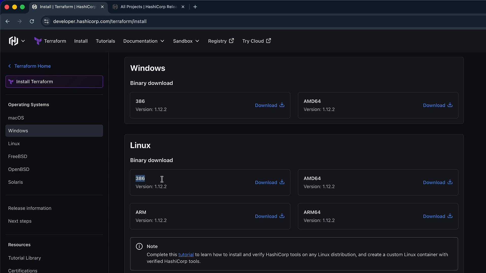 A dark-themed HashiCorp Terraform "Install" webpage showing binary download sections for Windows and Linux. It lists architectures (386, AMD64, ARM, ARM64) with version 1.2.2 and Download buttons.