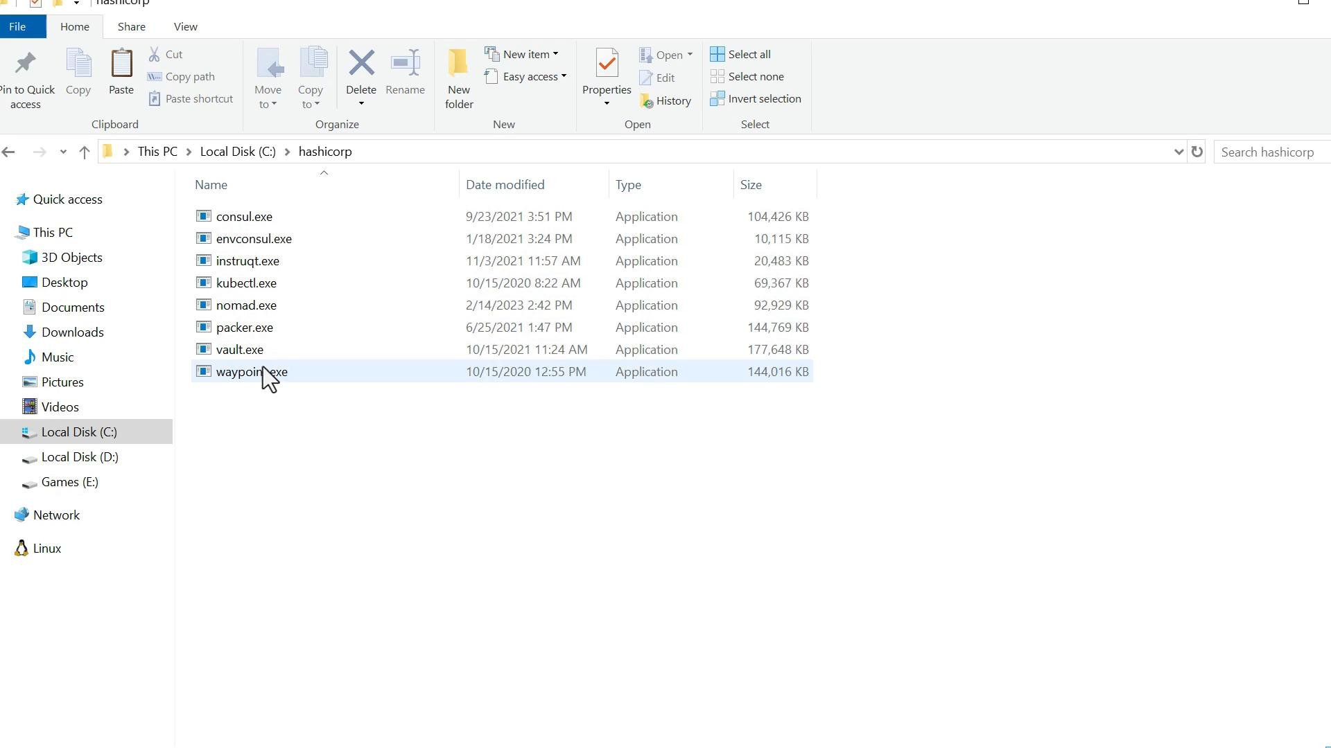 A Windows File Explorer window open to C:\hashicorp showing a list of HashiCorp executables (consul.exe, vault.exe, nomad.exe, packer.exe, waypoint.exe, etc.) with sizes and modified dates. The waypoint.exe file is highlighted.