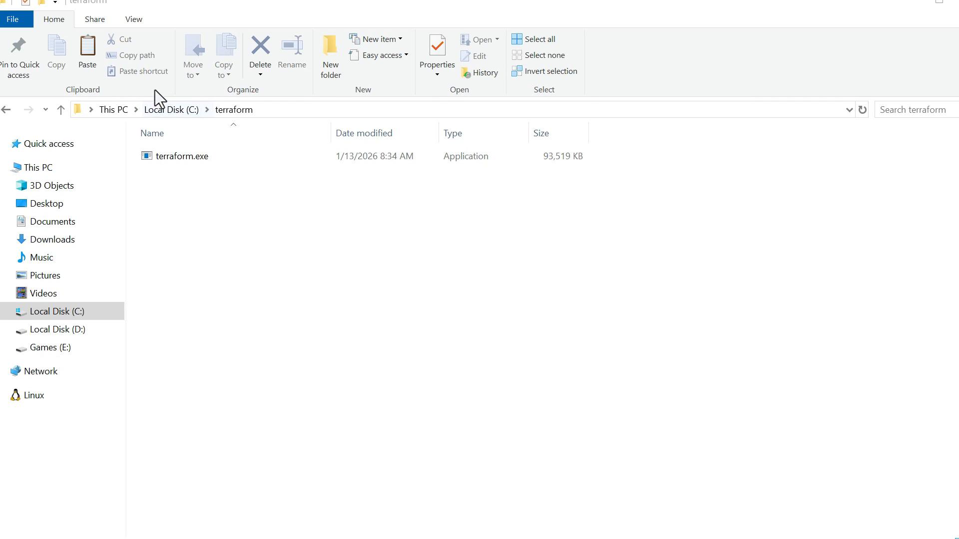 A Windows File Explorer window open to the Local Disk (C:) terraform folder. It lists a single application file named "terraform.exe" with its date modified and file size.