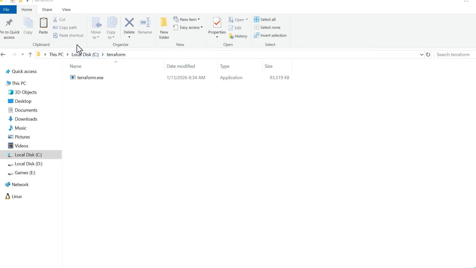 A Windows File Explorer window open to the Local Disk (C:) terraform folder. It lists a single application file named "terraform.exe" with its date modified and file size.